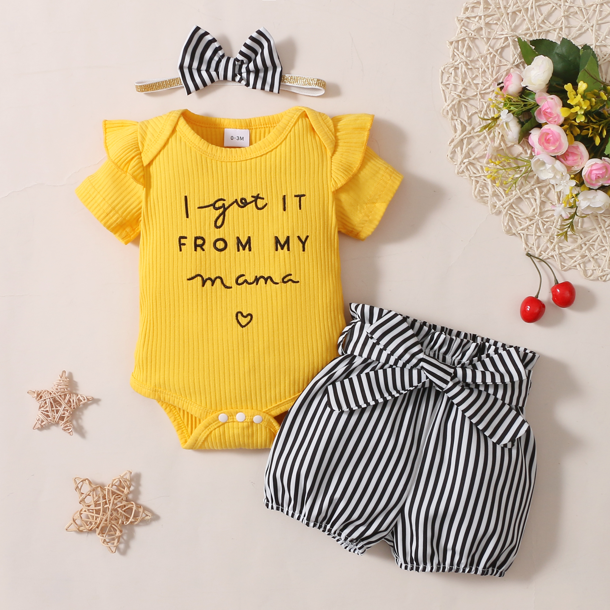 

3pcs Solid and Stripe Short-sleeve Ribbed Baby Set
