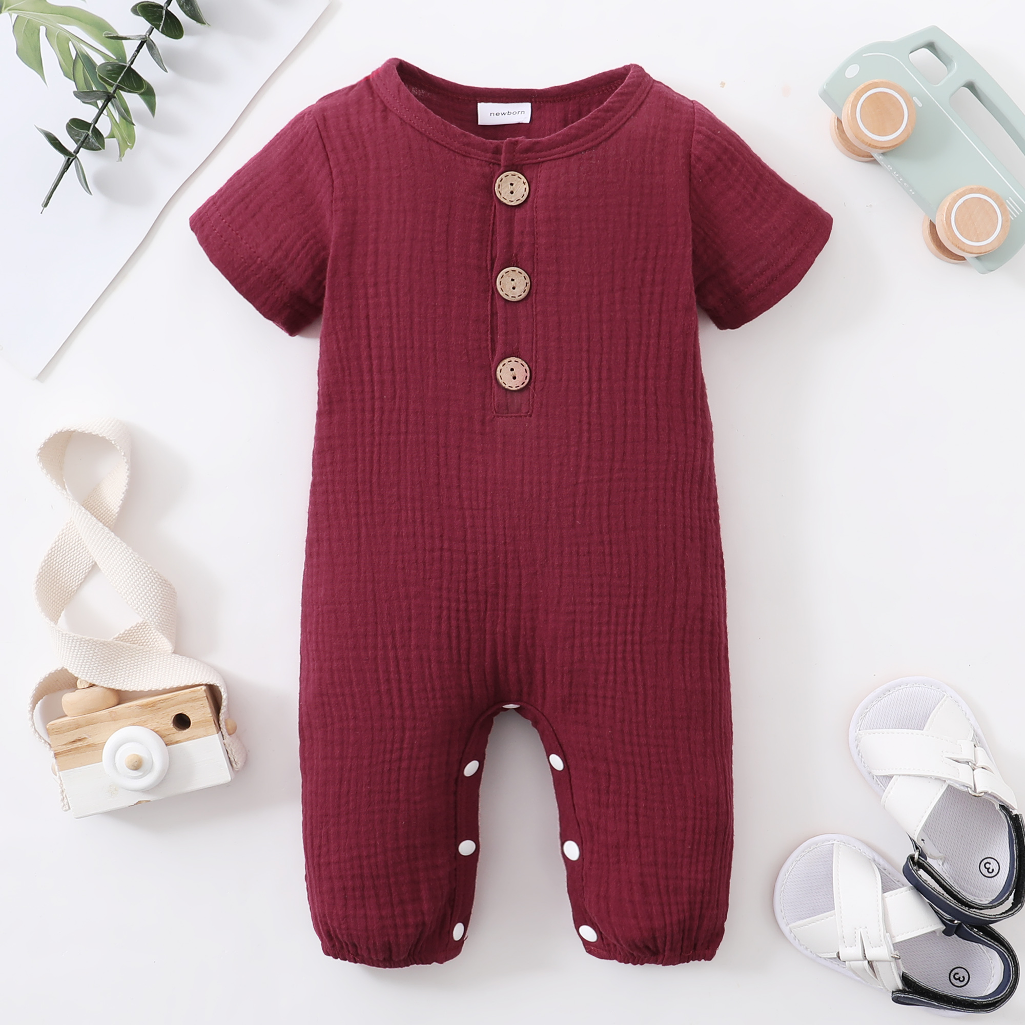 

100% Cotton Solid Crepe Fabric Short-sleeve Baby Jumpsuit