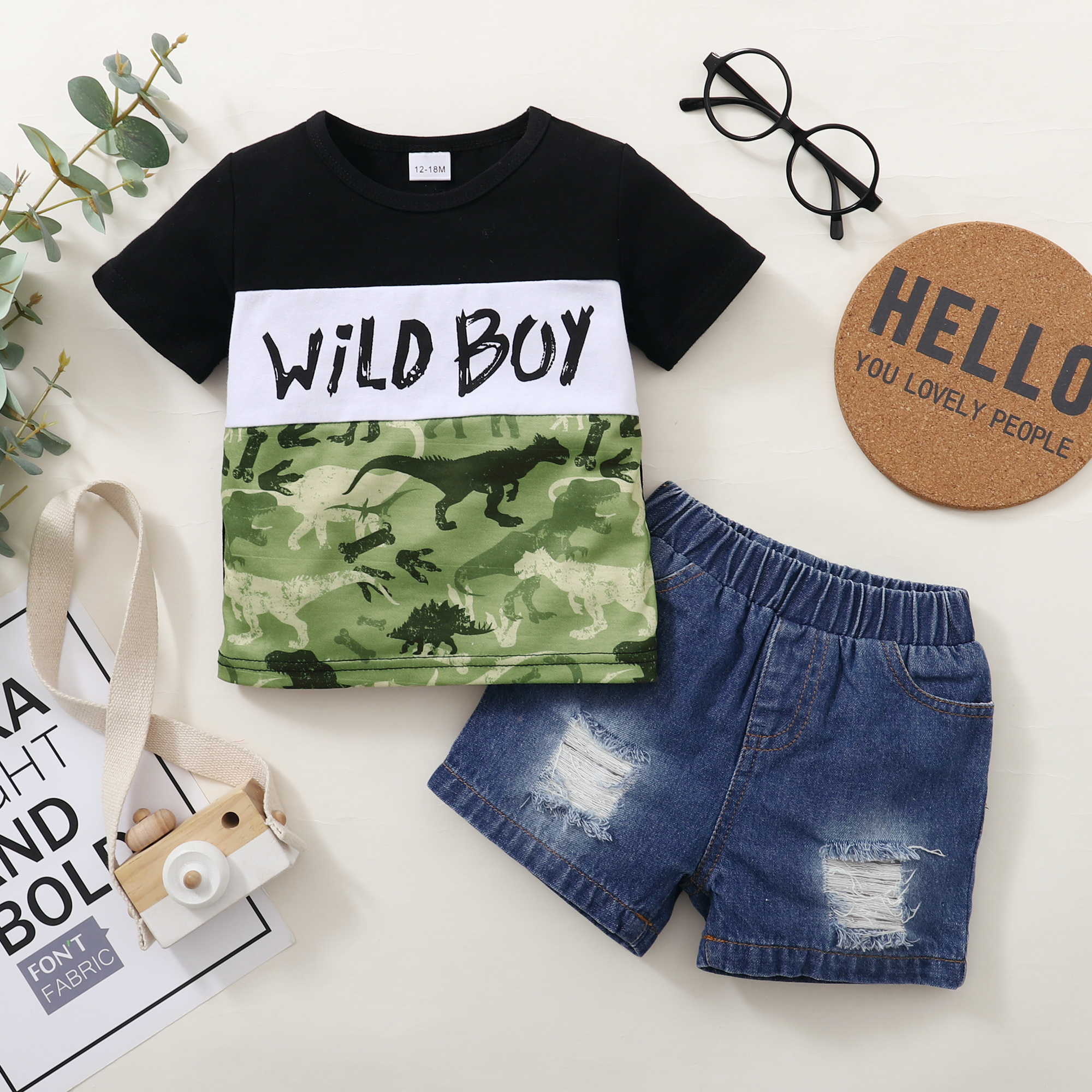 

2-piece Toddler Boy Letter Dinosaur Camouflage Print T-shirt and Denim Shorts Set