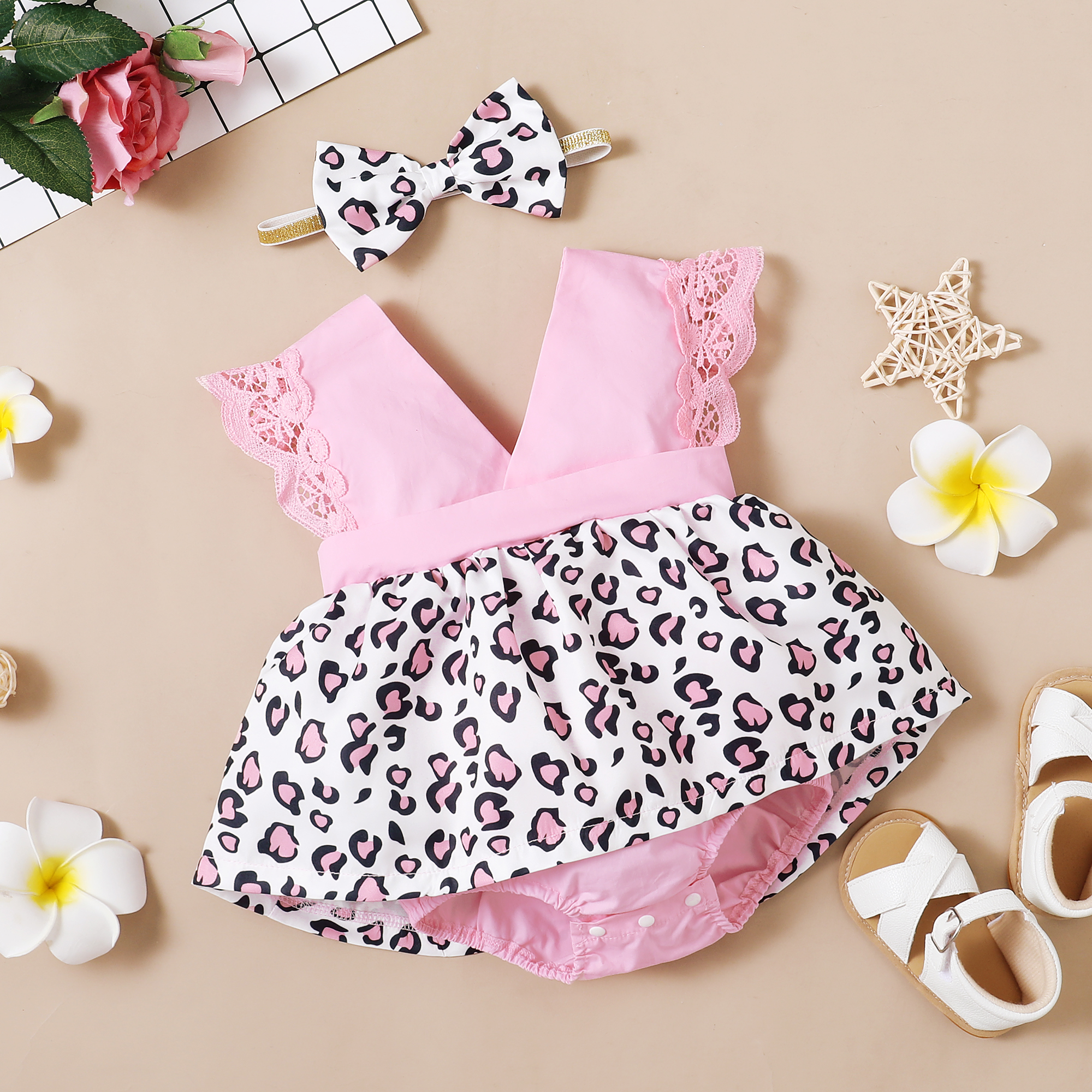 

2pcs Leopard Print Pink Sleeveless V-neck Baby Romper Dress