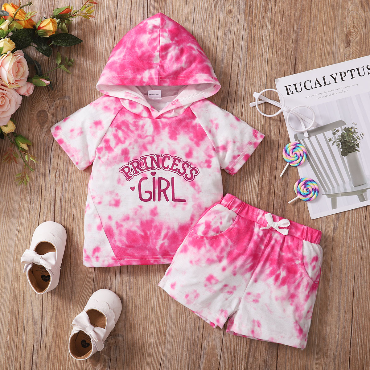 

White and Pink Tie Dye Short-sleeve Baby Hoodie Set