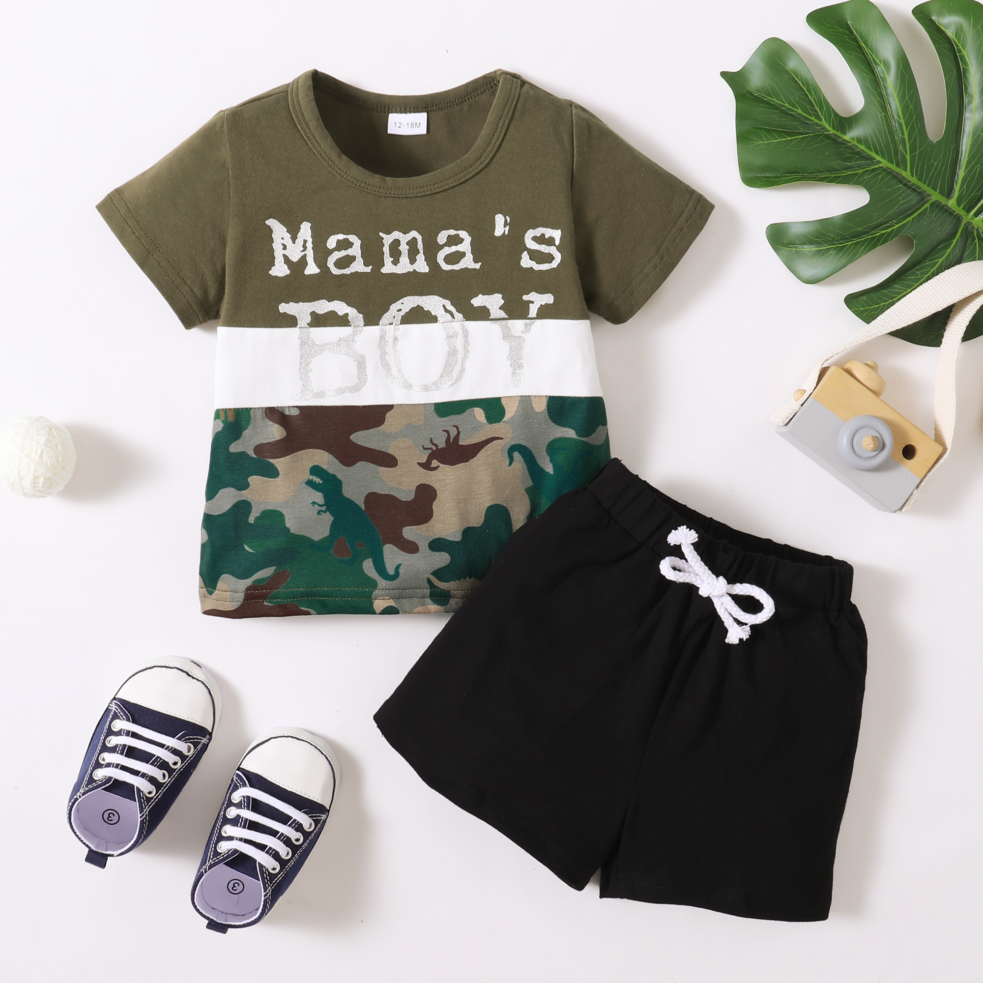 

2-piece Toddler Boy Letter Camouflage Print T-shirt and Elasticized Solid Shorts Set