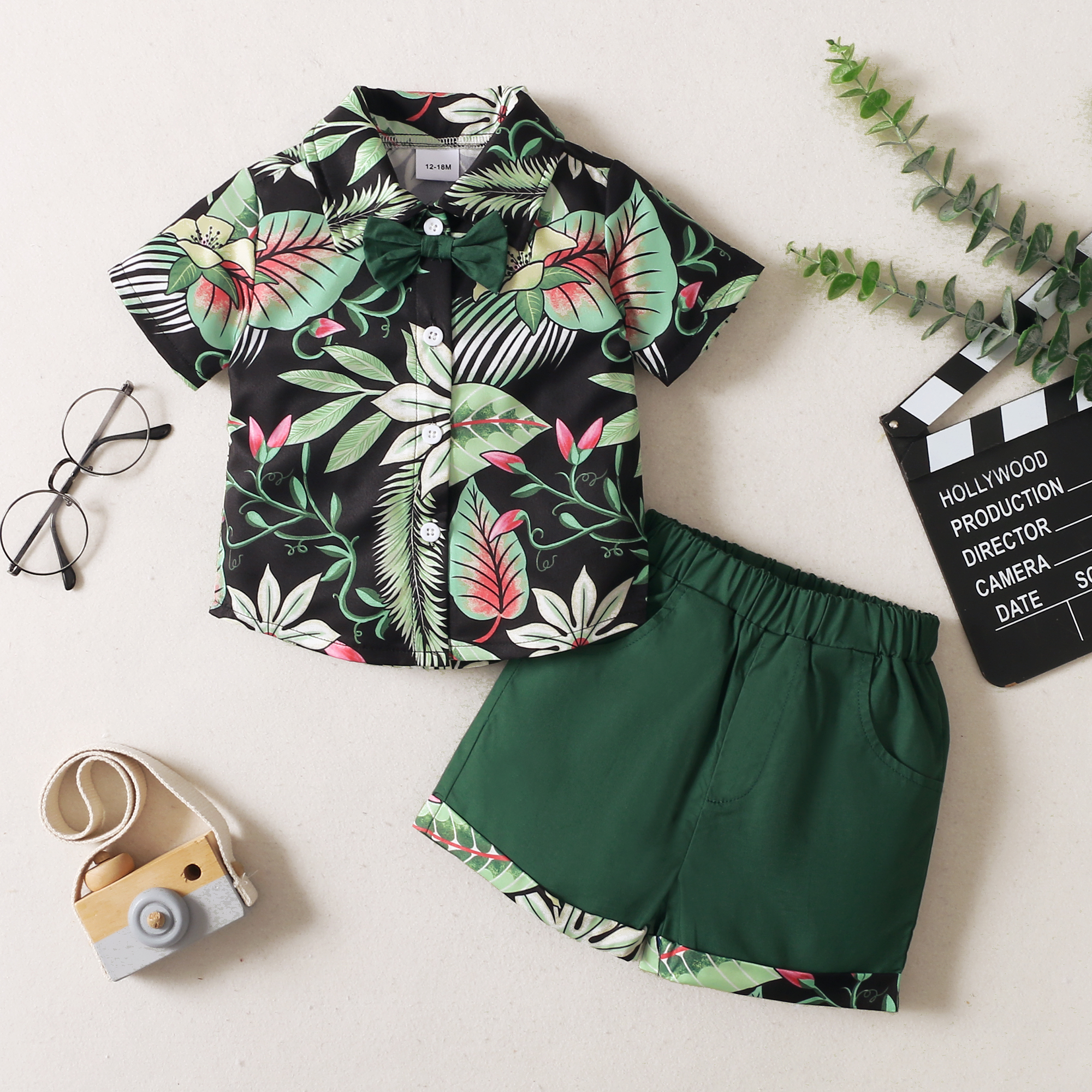 

2-piece Toddler Boy Short-sleeve Leaf Print Shirt and Elasticized Shorts Set
