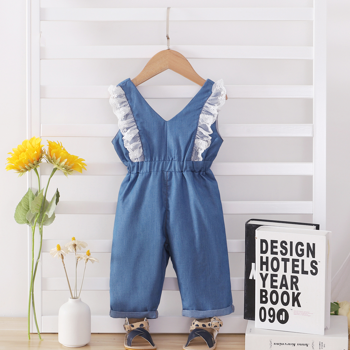 

100% Cotton Solid Lace Decor Sleeveless Blue Baby Jumpsuit