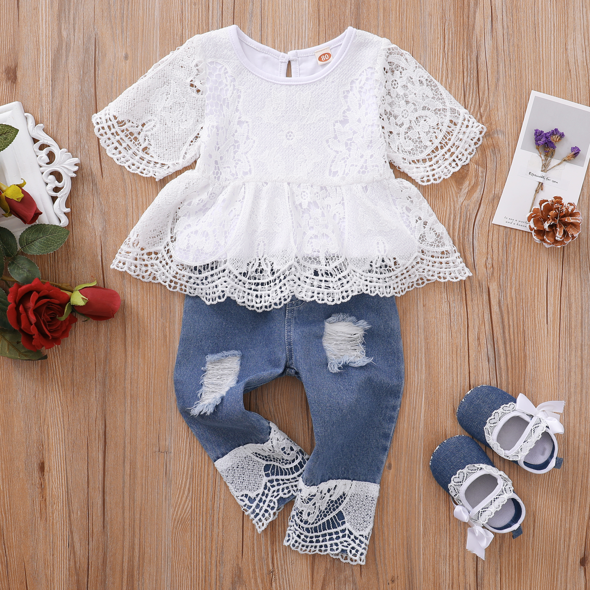 

2pcs White Lace Short-sleeve Tops Denim Jeans Baby Set