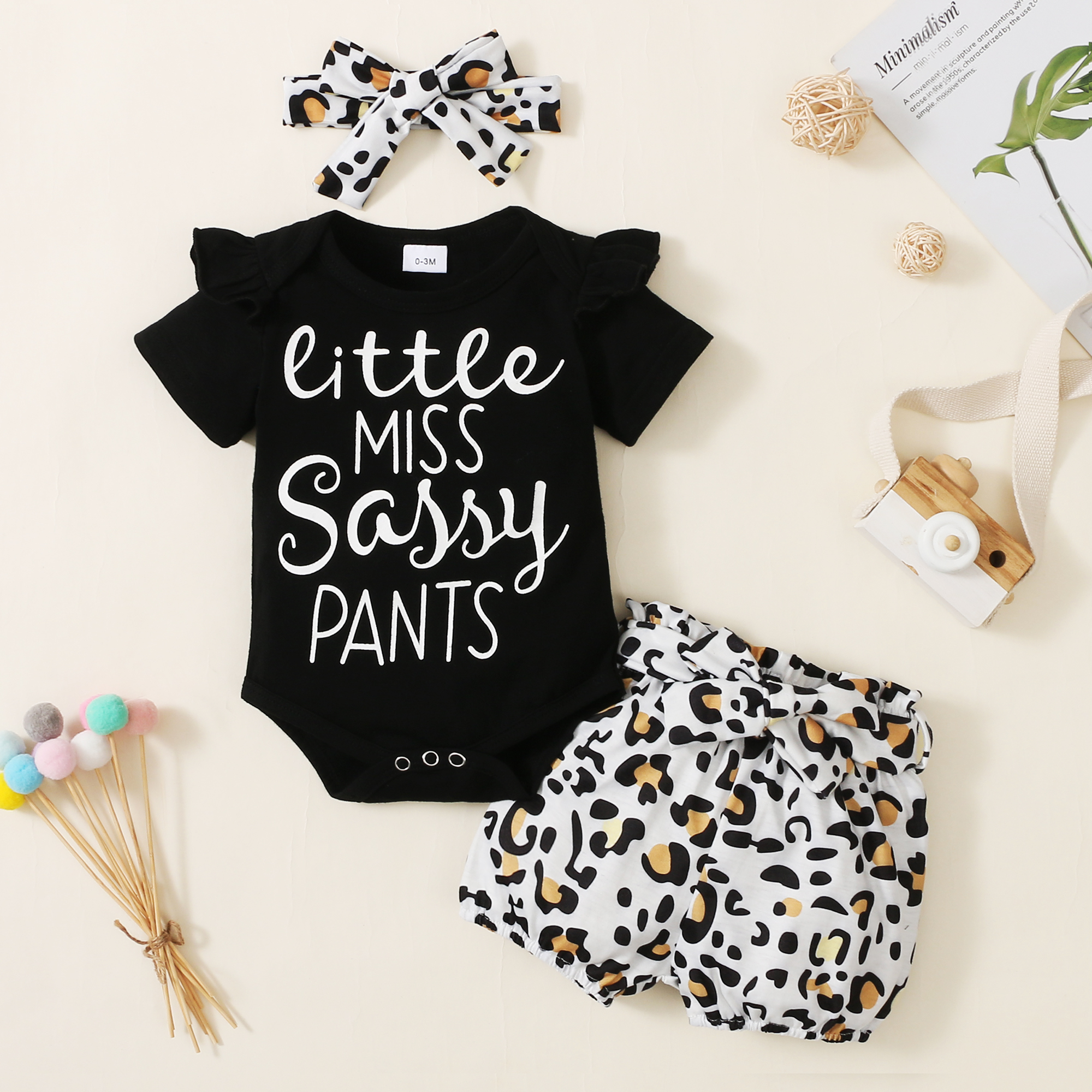 

3pcs Letter and Leopard Print Short-sleeve Black Baby Set