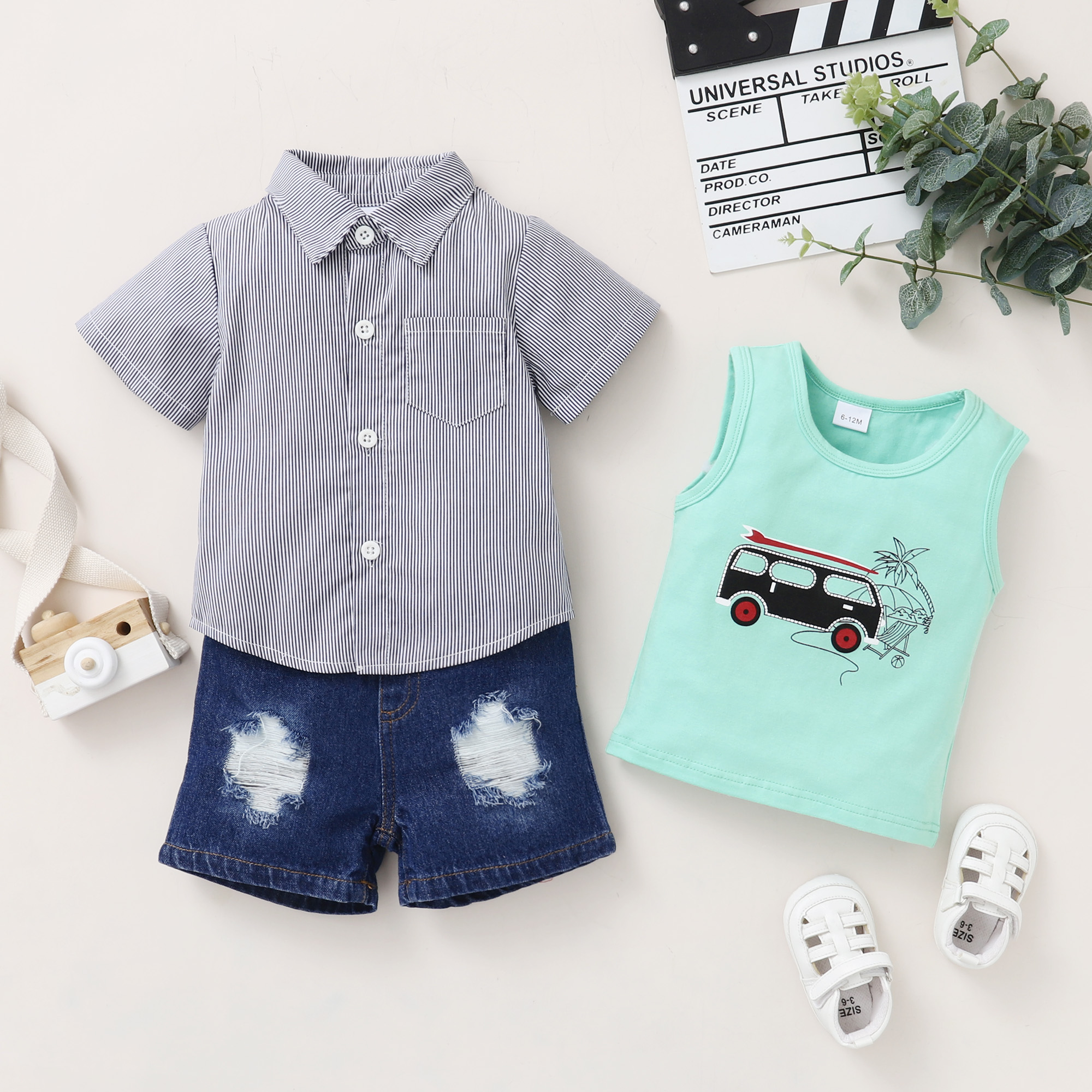 

3pcs Stripe Short-sleeve Tops Shirt Denim Shorts Baby Set
