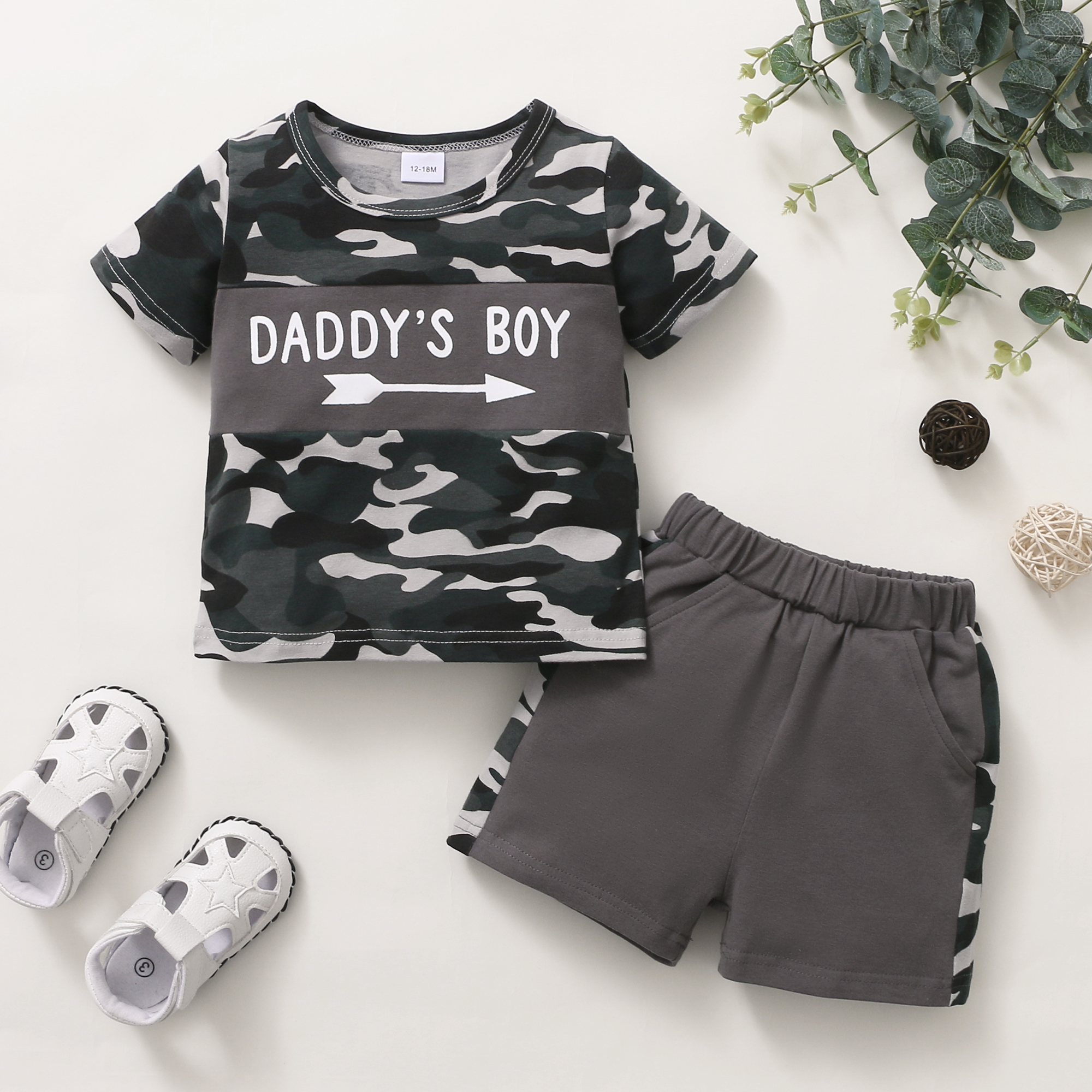 

2-piece Toddler Boy Letter Print Camouflage T-shirt and Elasticized Shorts with Pocket Set