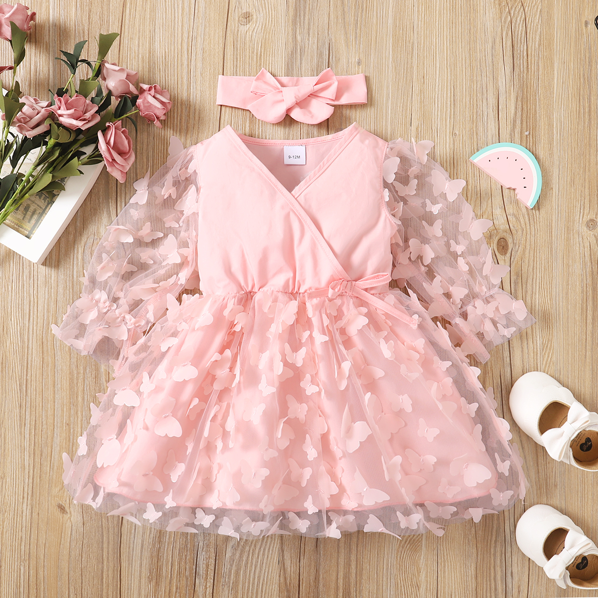 

100% Cotton 2 pcs Solid Color Mesh Long-sleeve Baby Dress Set