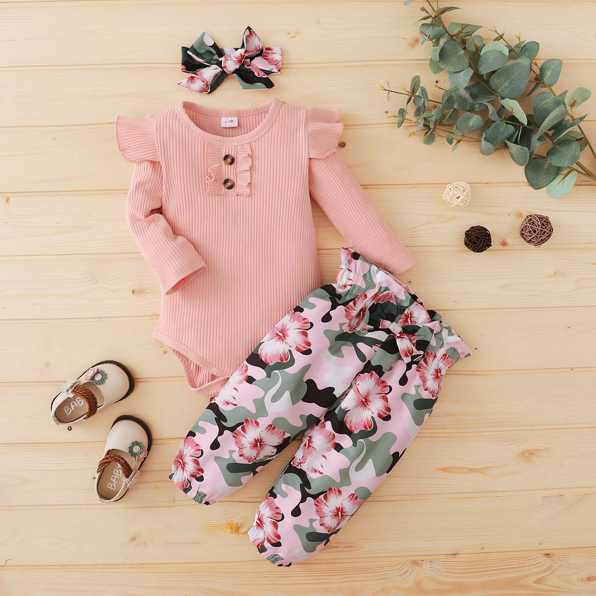 

Ribbed 3pcs Floral Print Long-sleeve Pink Baby Set