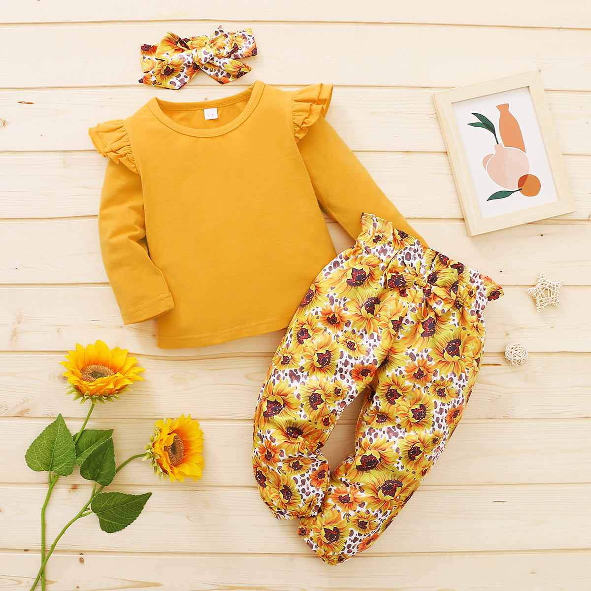 

3pcs Sunflower and Leopard Print Long-sleeve Orange Baby Set