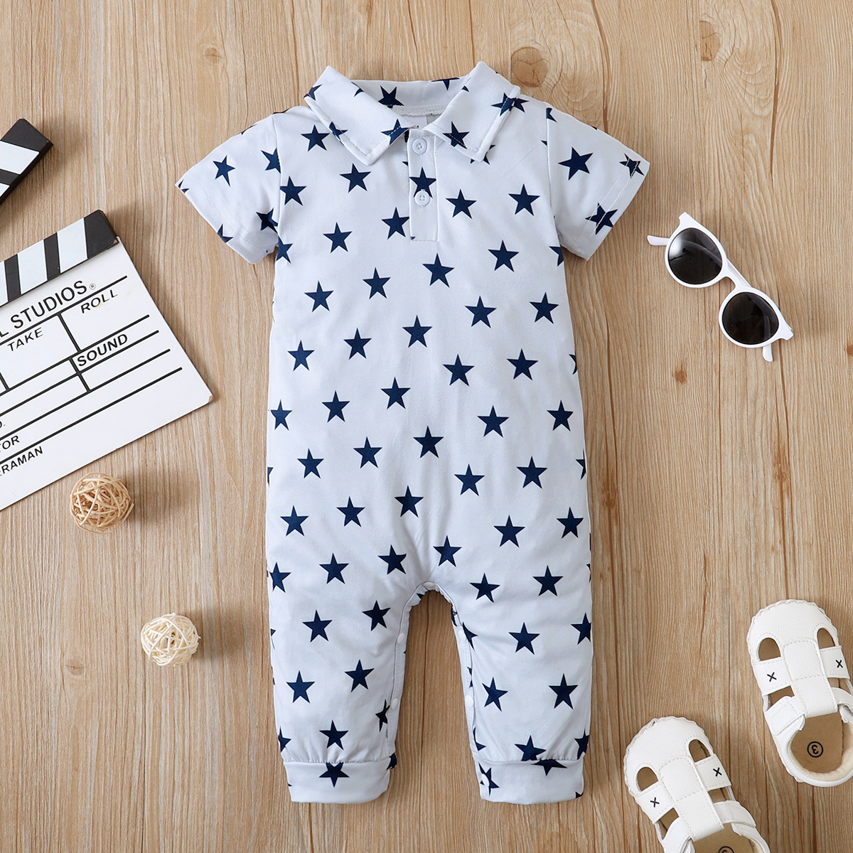 

Stars Allover Lapel Collar Short-sleeve Baby Jumpsuit