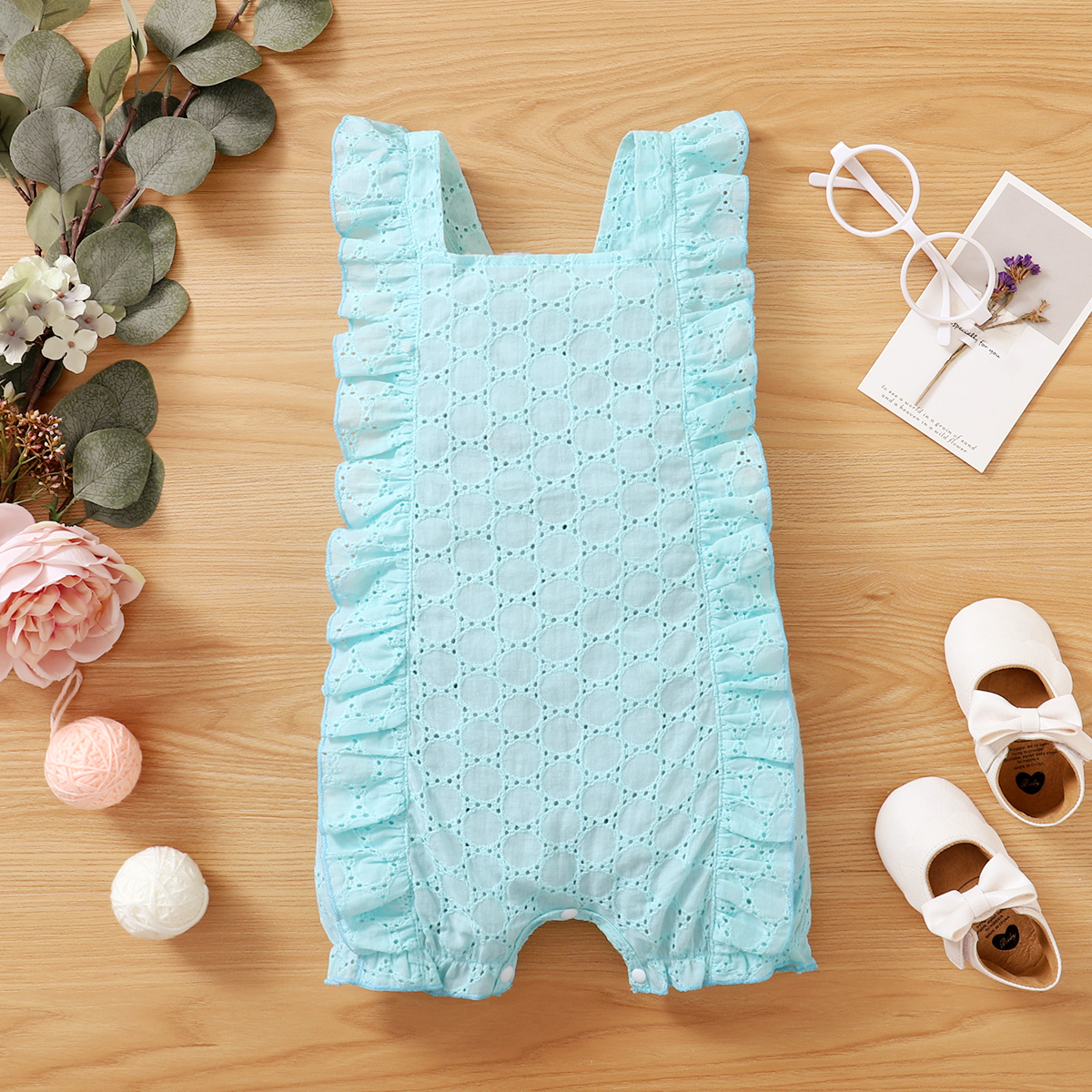 

100% Cotton Solid Blue Flounce Hollow Out Sleeveless Baby Romper