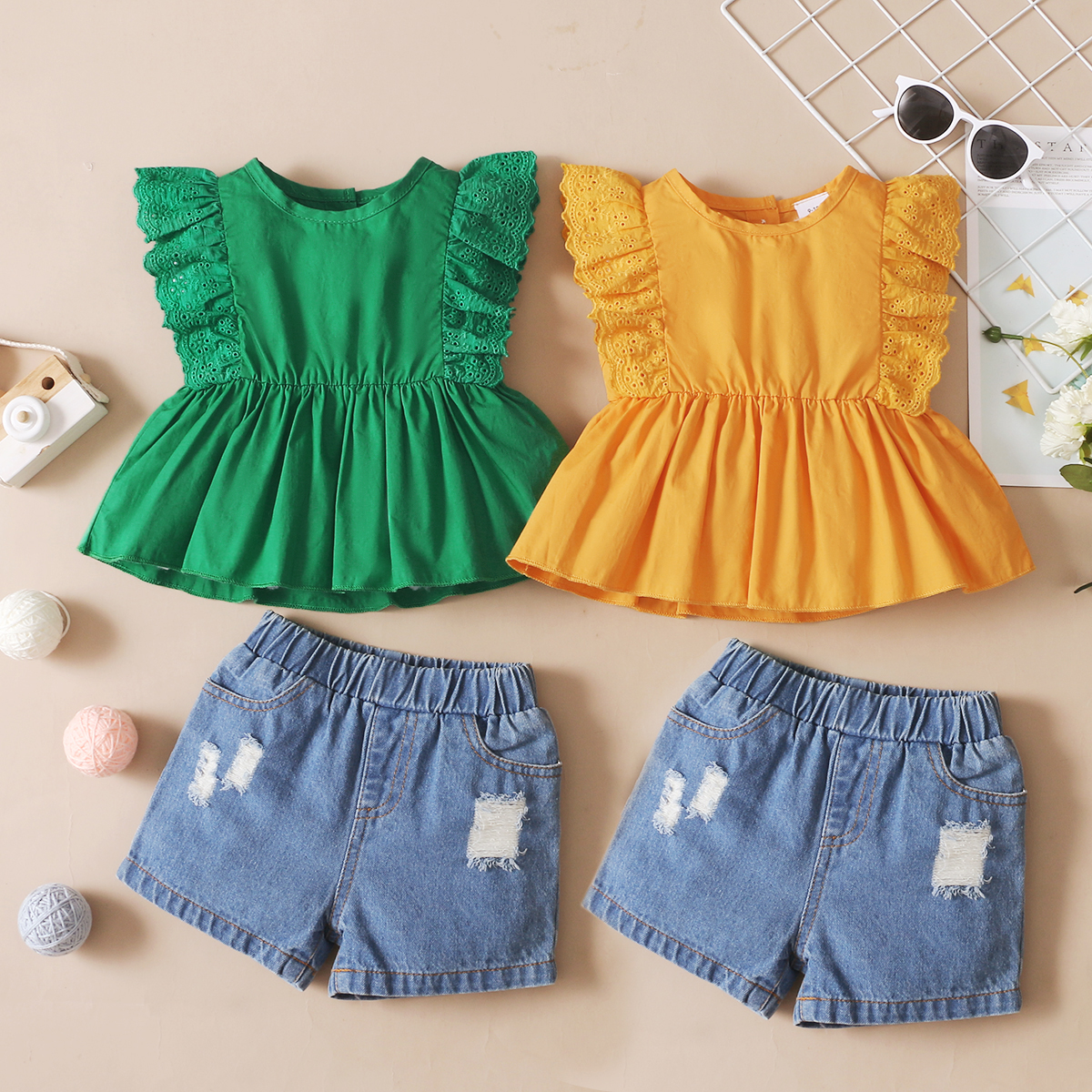 

100% Cotton Denim 2pcs Solid Flutter-sleeve Baby Set