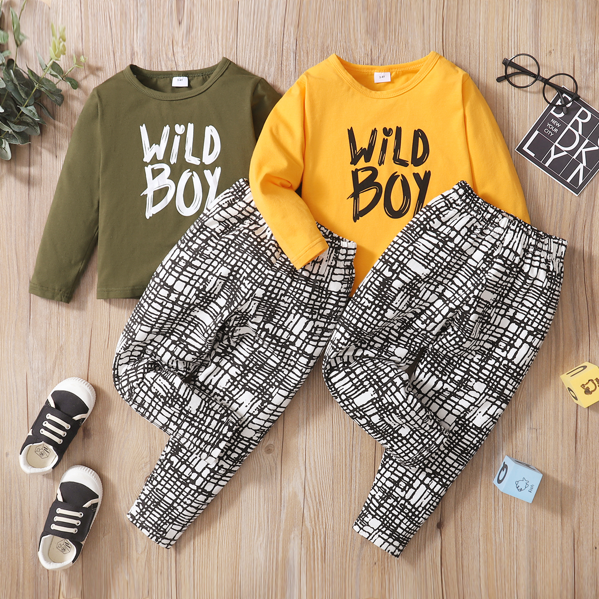 

2-piece Toddler Boy Letter Print Long-sleeve T-shirt and Plaid Allover Print Pants Set