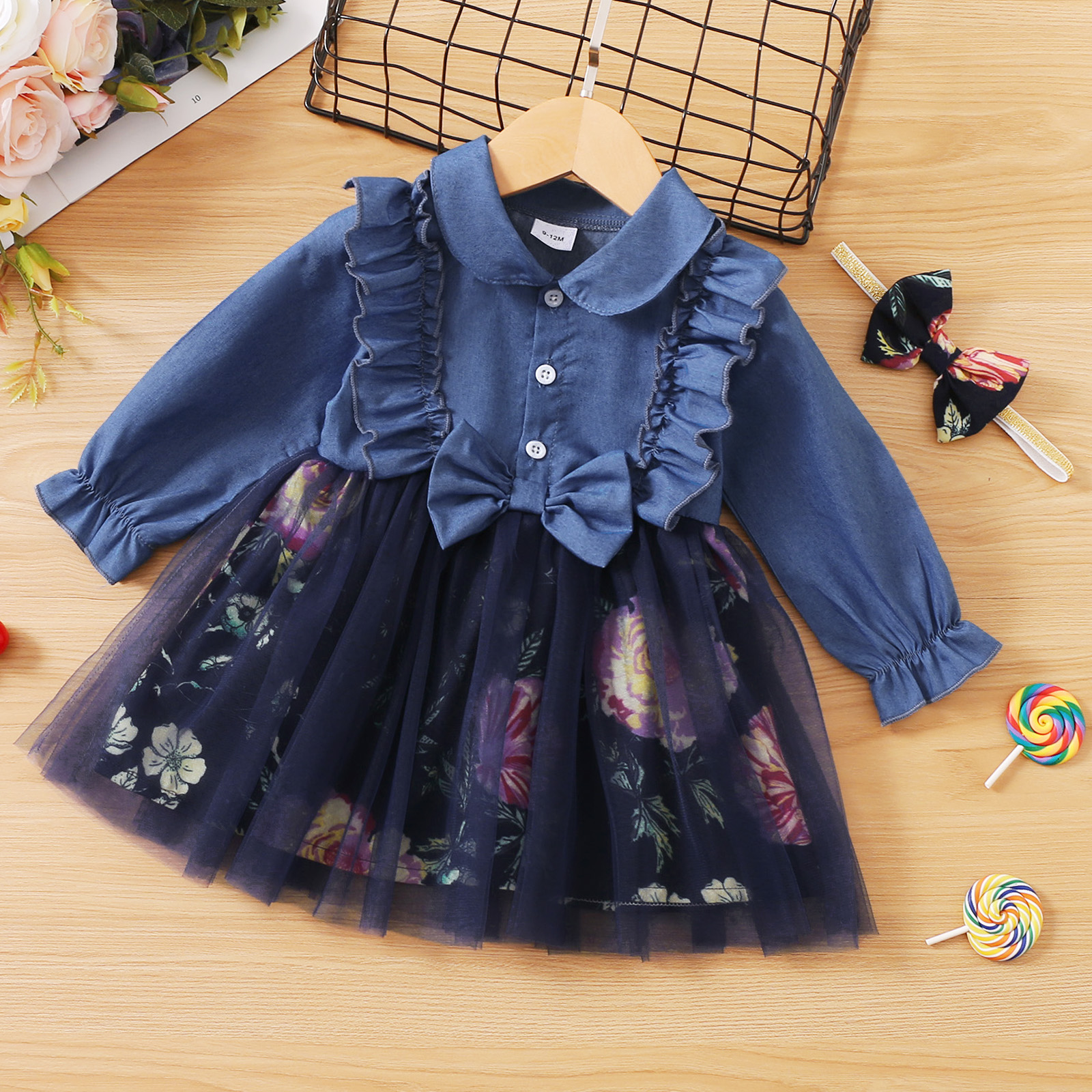 

Baby 2pcs Ruffle Denim Splicing Tulle Mesh Floral Print Long-sleeve Dress