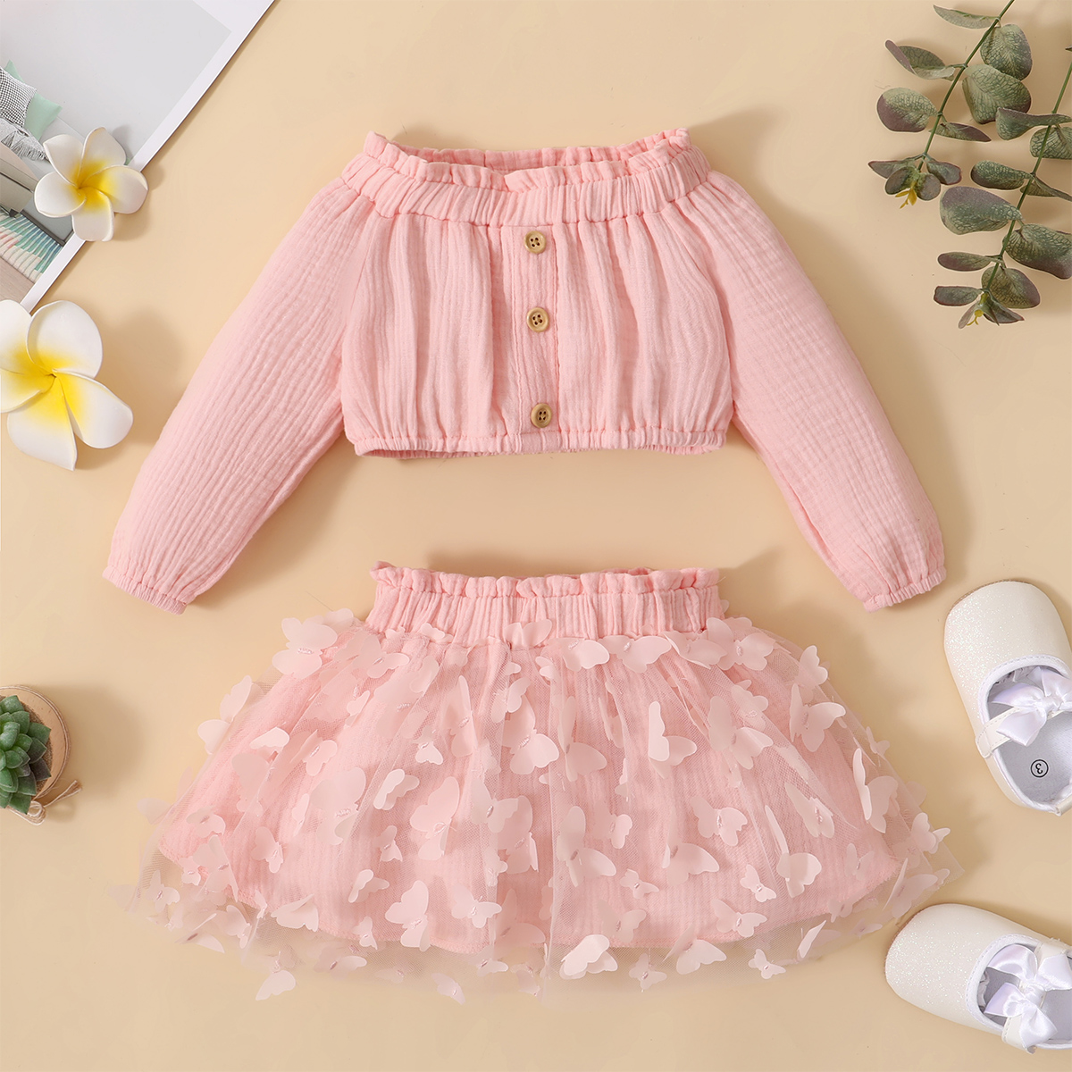 

100% Cotton Baby 2pcs Pink Crepe Long-sleeve Crop Top and 3D Butterfly Mesh Tutu Skirt Set