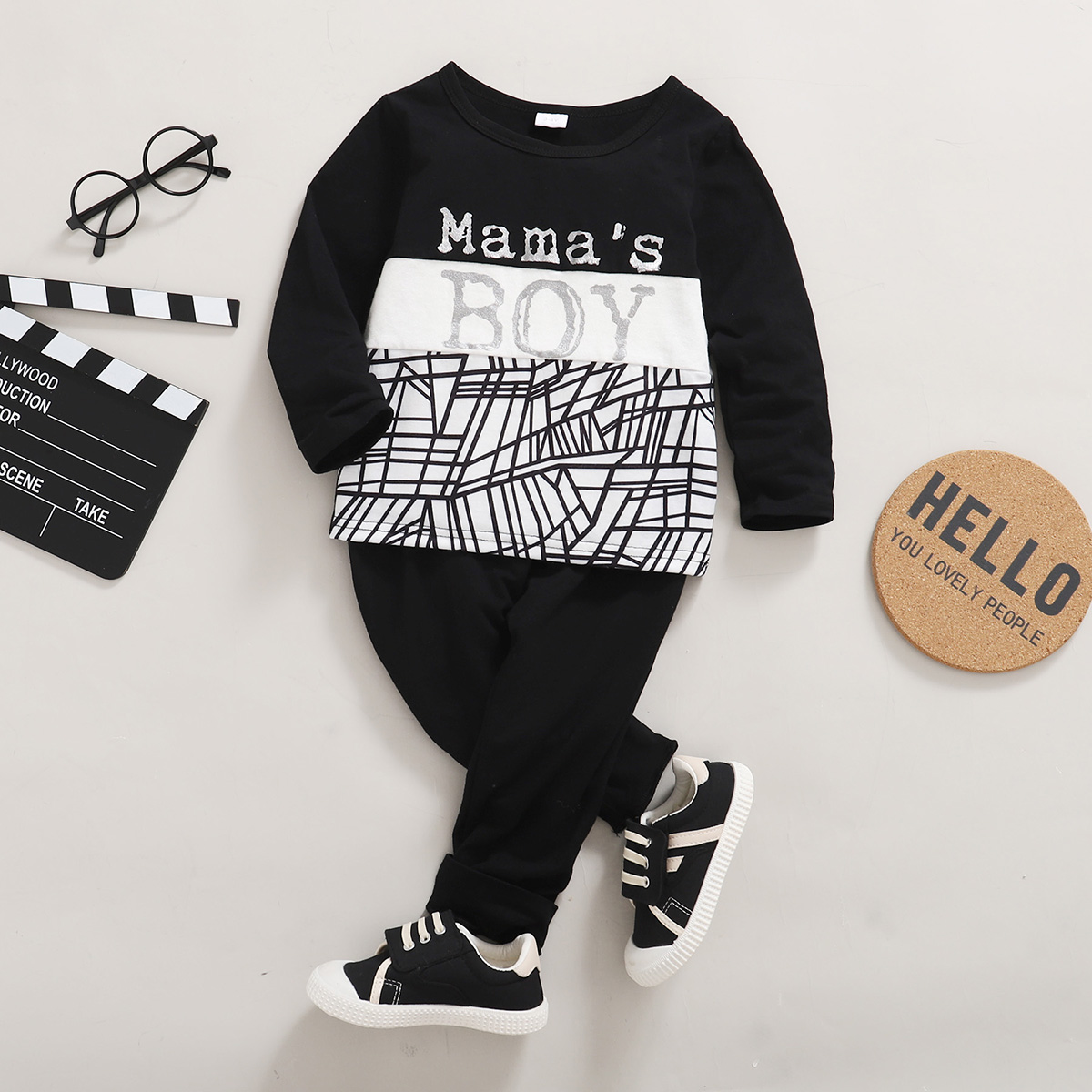 

2-piece Toddler Girl/Boy Letter Geometric Print Long-sleeve Top and Black Pants Set