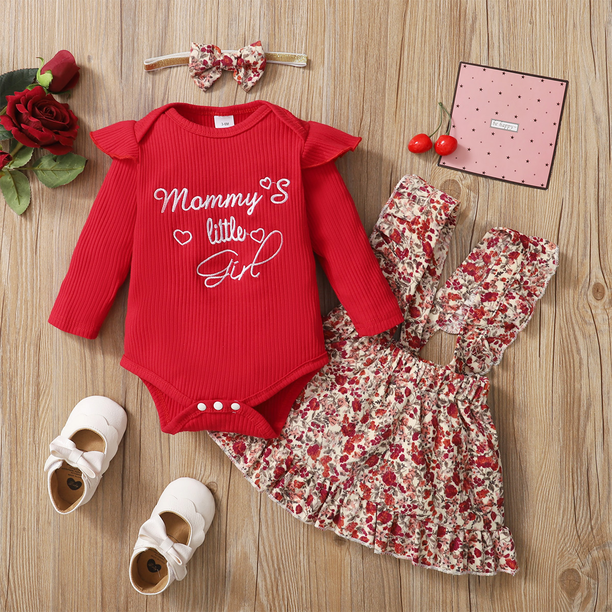 

3pcs Baby Letter Embroidered Ribbed Long-sleeve Romper and Floral Print Suspender Skirt Set