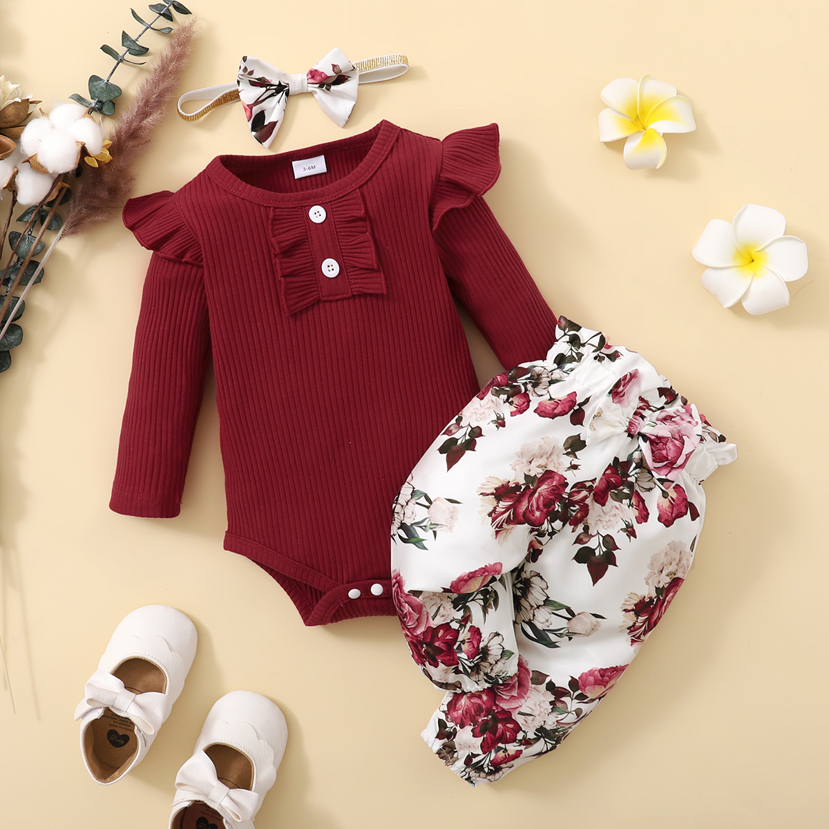 

3pcs Baby Ruffle Long-sleeve Ribbed Romper and Floral Print Trousers Set