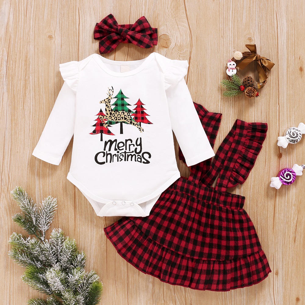 

3pcs Baby Christmas Tree and Letter Print Long-sleeve Romper and Red Plaid Suspender Skirt Set