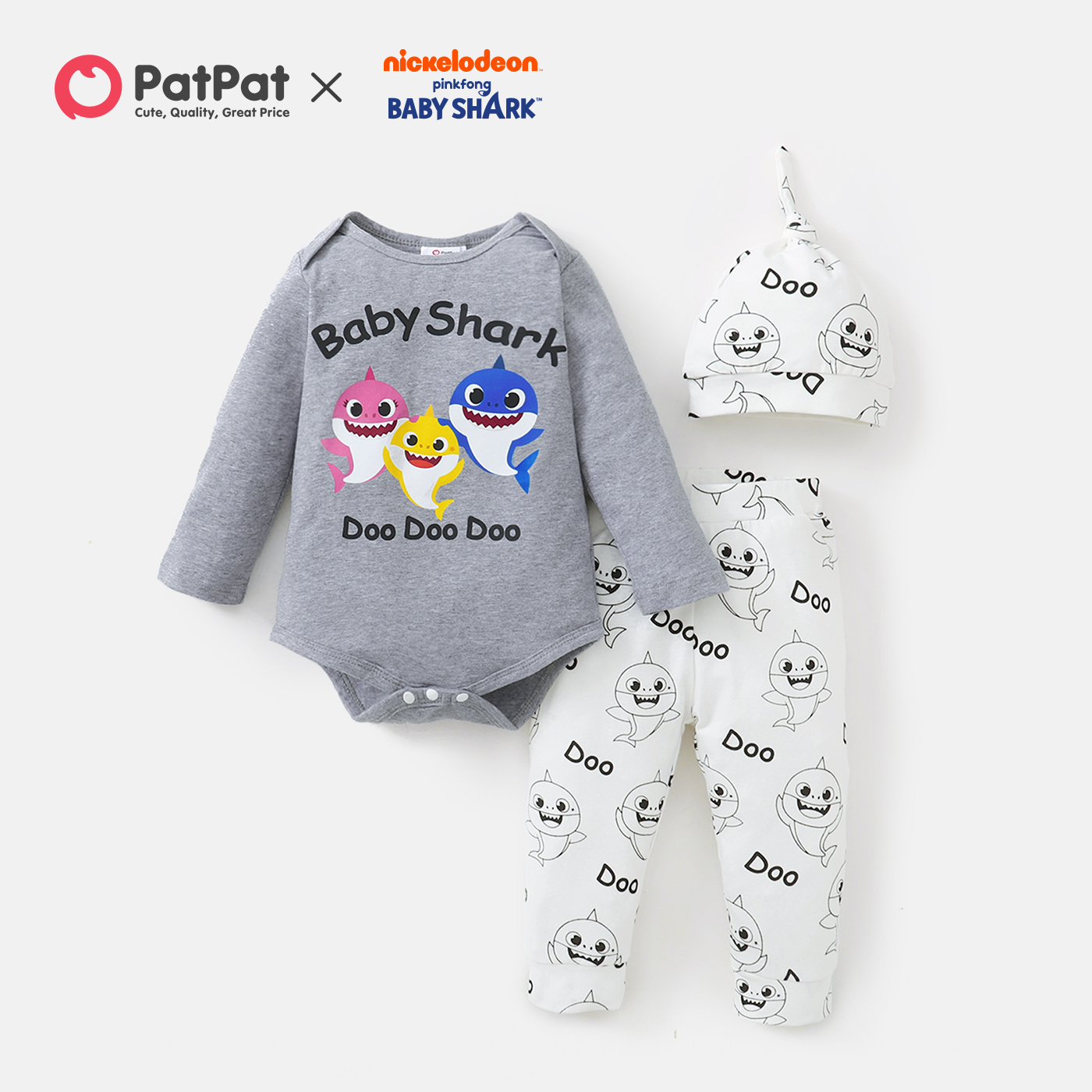 

Baby Shark 3-piece Baby Boy/Girl Cotton Bodysuit and Pants Sets with Hat