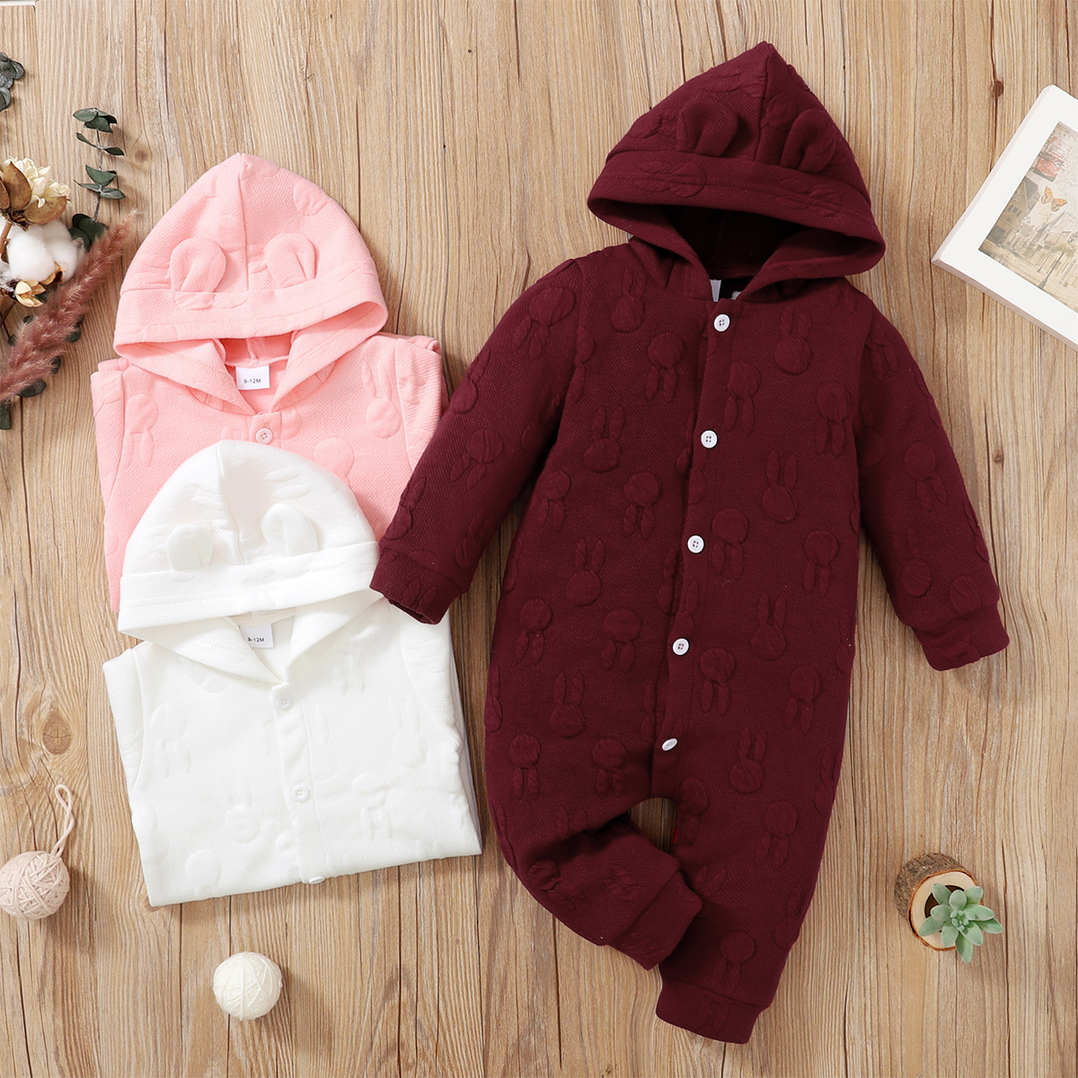 

Cartoon Rabbit 3D Ears Hooded Solid Long-sleeve Baby Jumpsuit