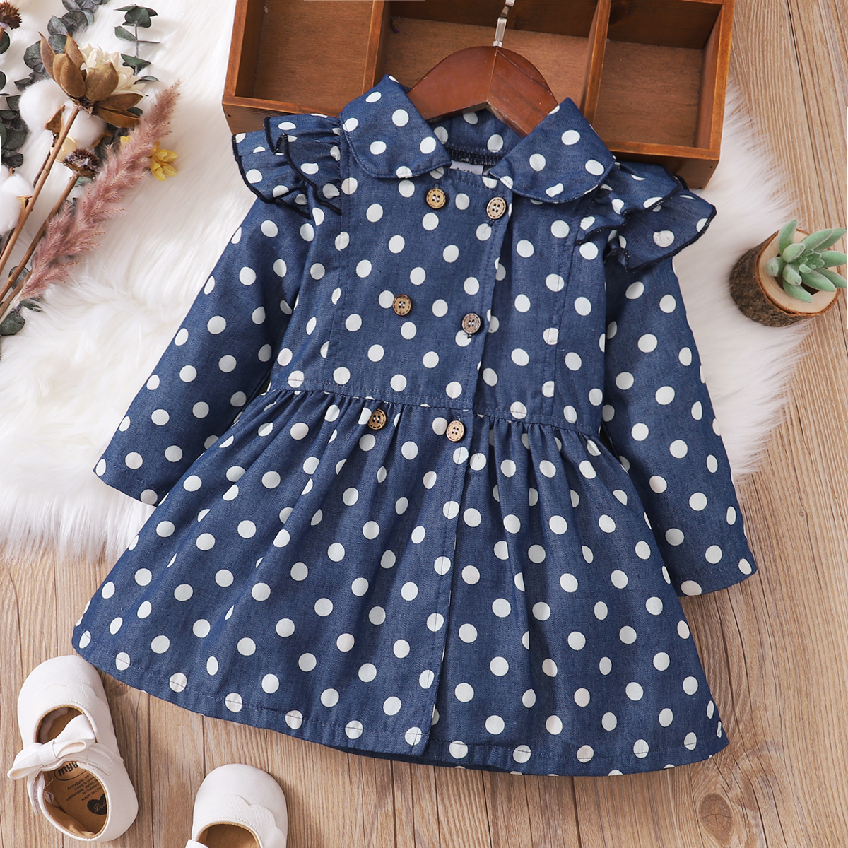 

100% Cotton Polka Dots Blue Lapel Long-sleeve Double Breasted Ruffle Baby Dress