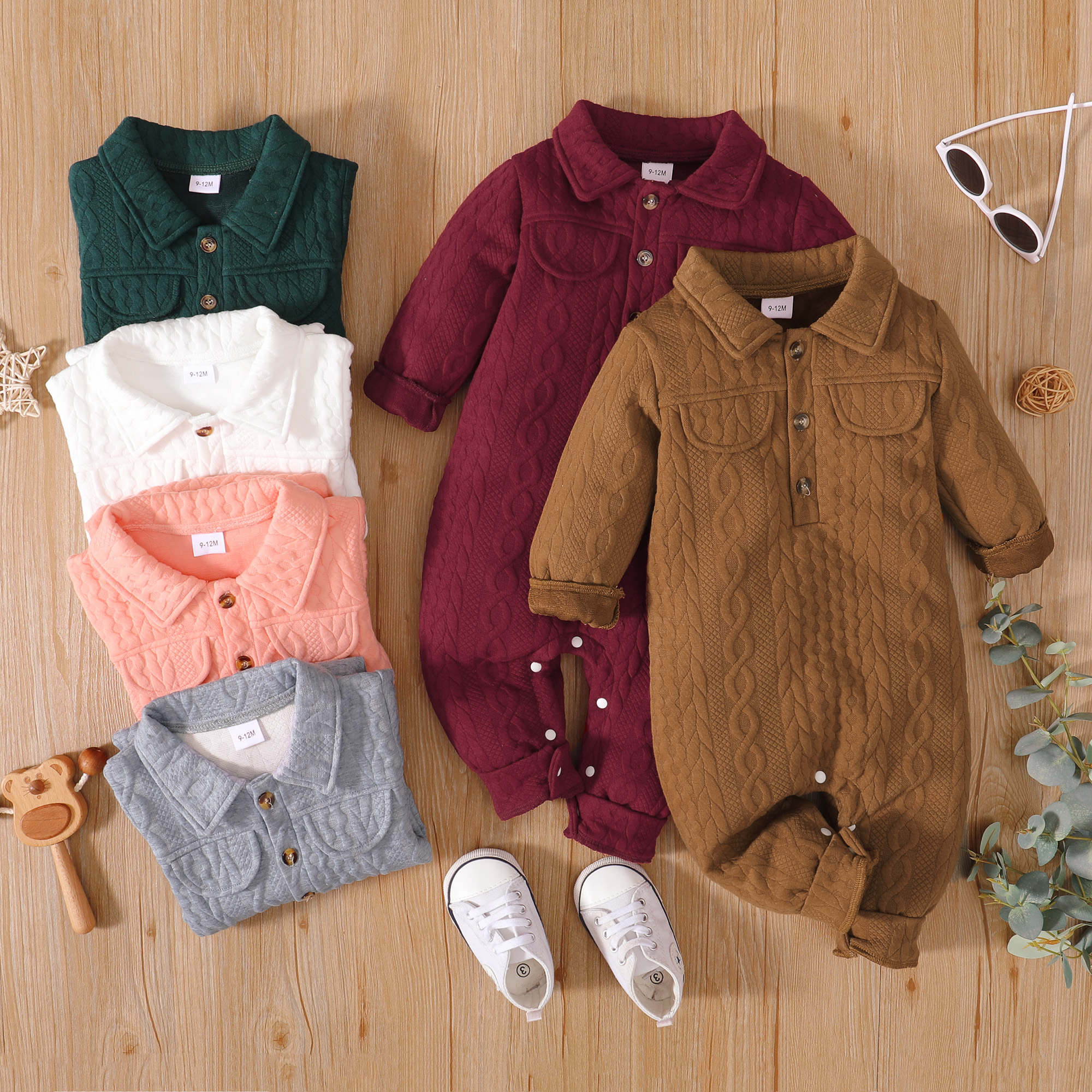 

Solid Imitation Knitting Lapel Long-sleeve Baby Jumpsuit