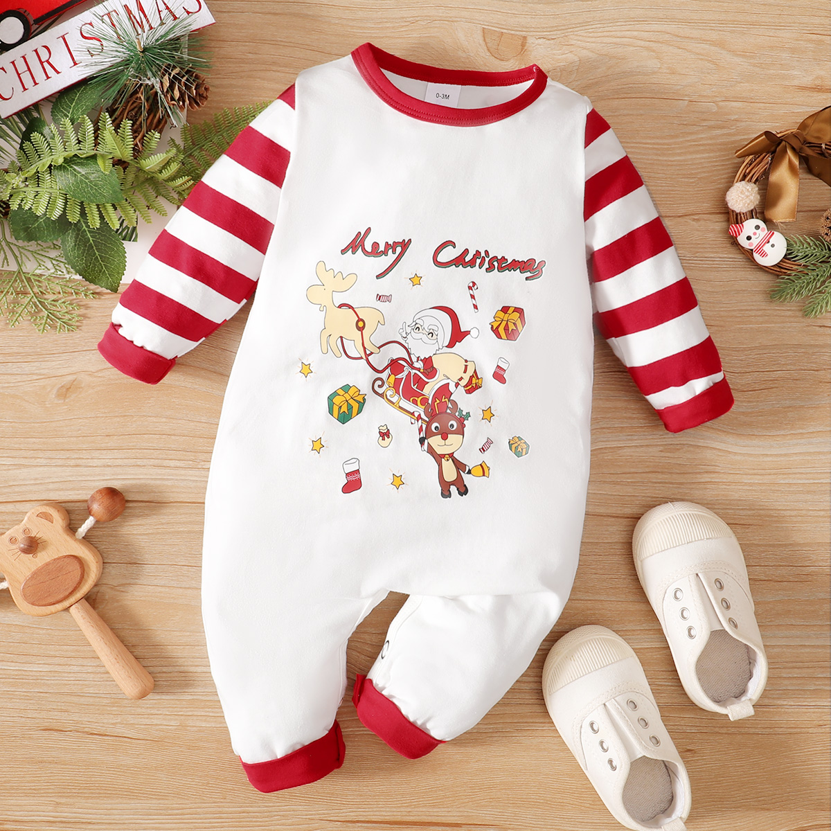 

Christmas Santa with Reindeer and Letter Print Striped Long-sleeve Baby Cotton Jumpsuit