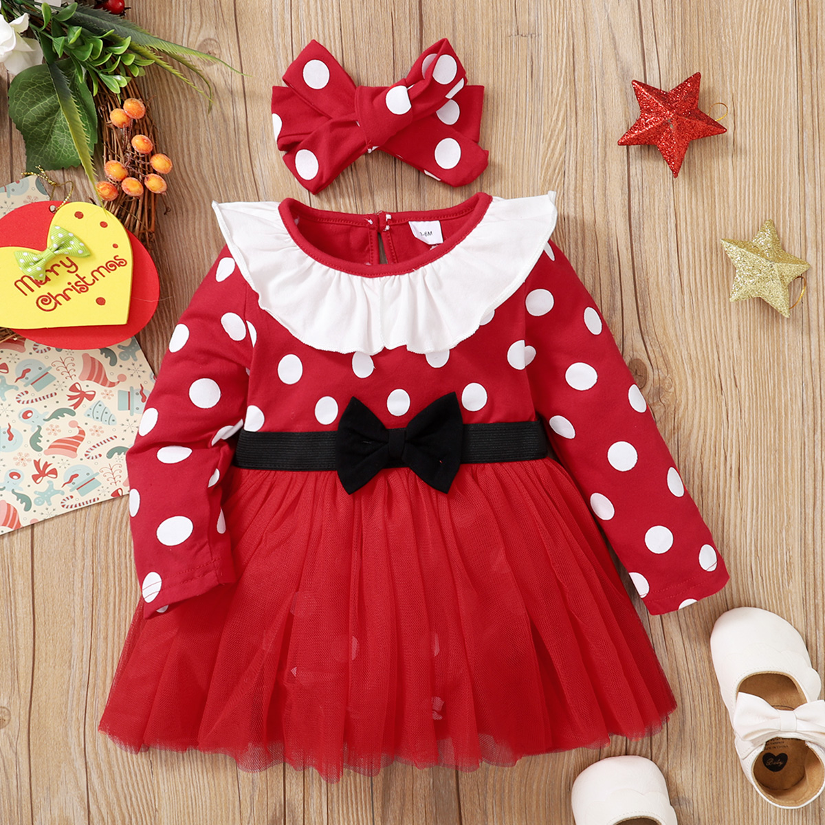 

Christmas 2pcs Polka Dots Red Long-sleeve Ruffle Bowknot Mesh Baby Romper Dress Set