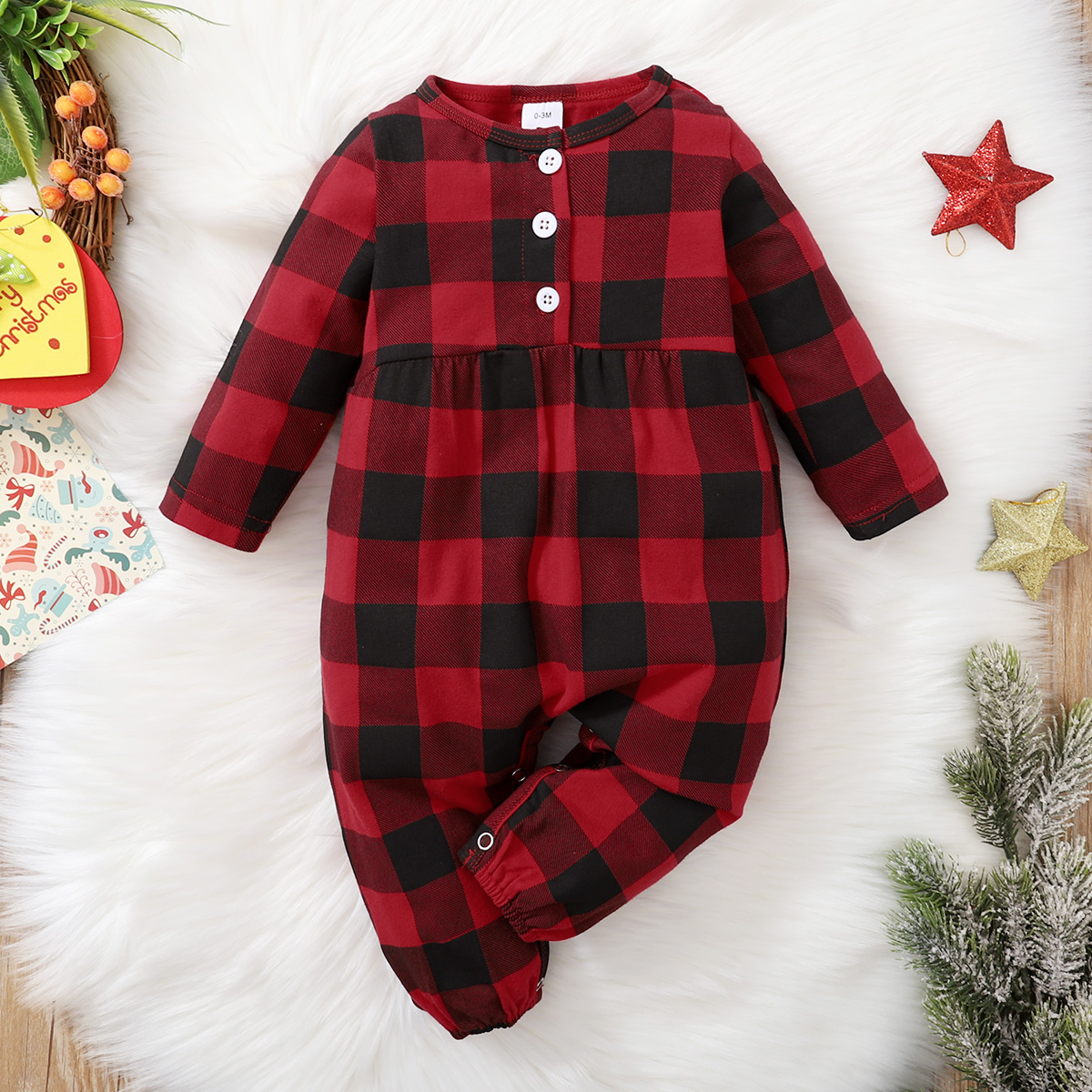 

Christmas Red Plaid Cotton Long-sleeve Baby Jumpsuit