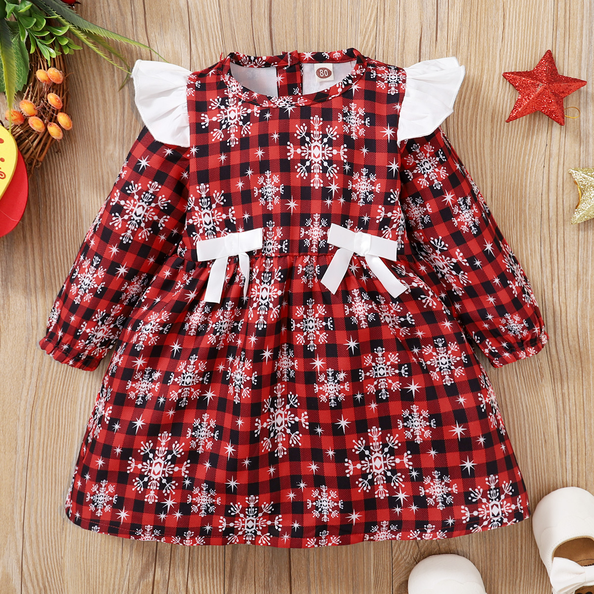 

Christmas All Over Snowflake Print Red Plaid Long-sleeve Baby Dress