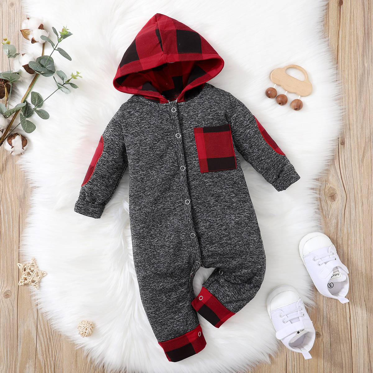 

Red Plaid Splicing Hooded Long-sleeve Baby Jumpsuit