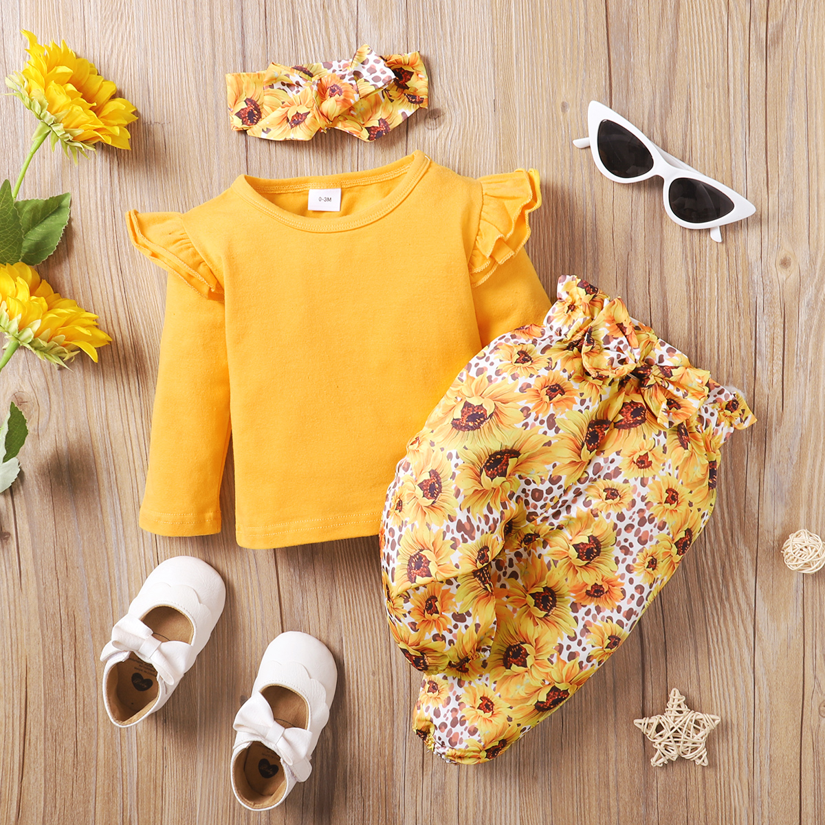 

3pcs Baby Ruffle Long-sleeve T-shirt and Sunflower Floral Print Pants Set