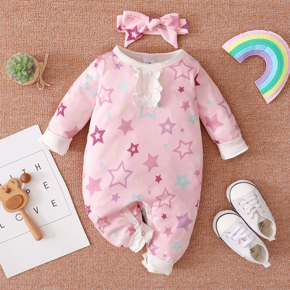 

2pcs Baby All Over Star Print Pink Long-sleeve Jumpsuit Set