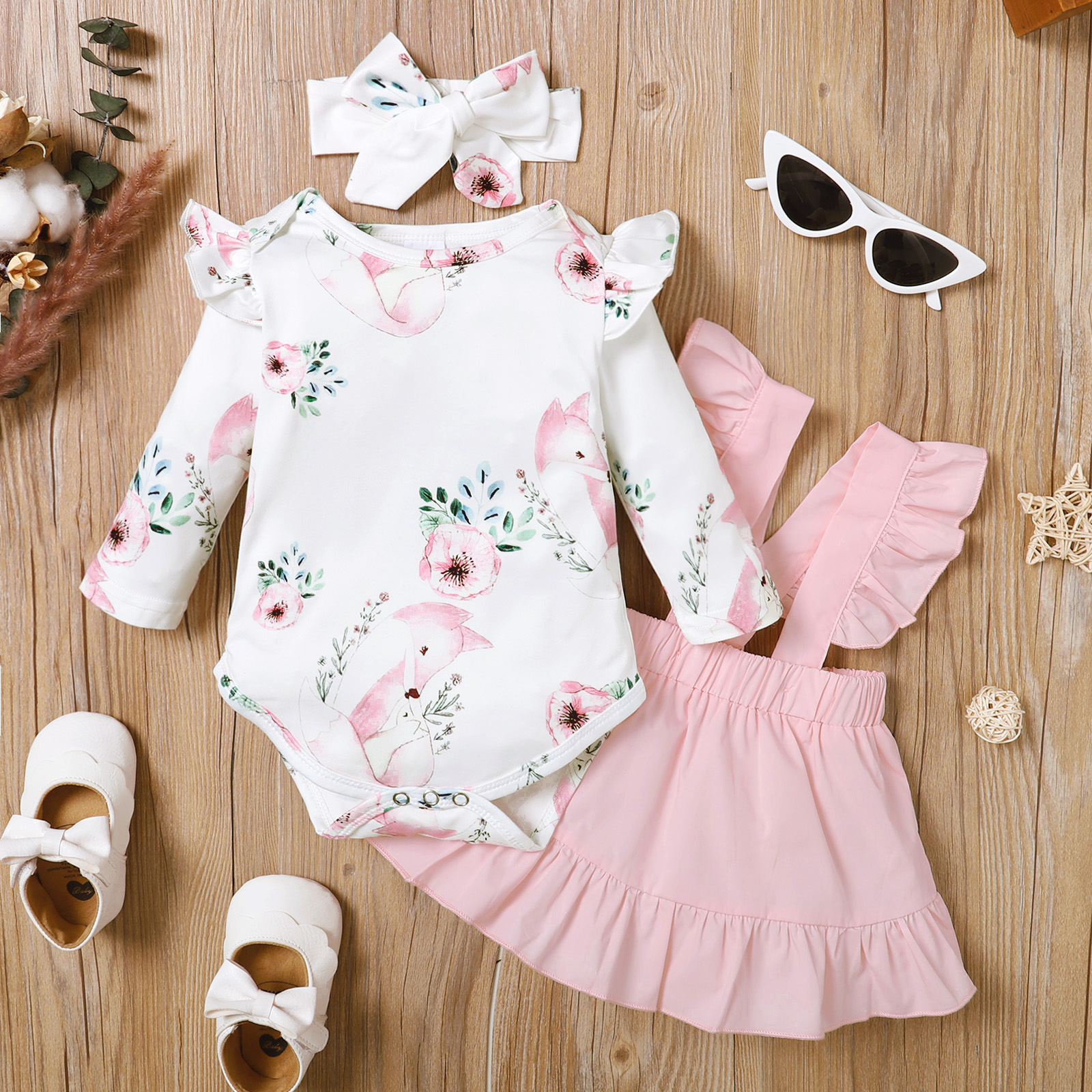 

3pcs Baby Floral Print Long-sleeve Romper and 100% Cotton Ruffle Suspender Skirt Set