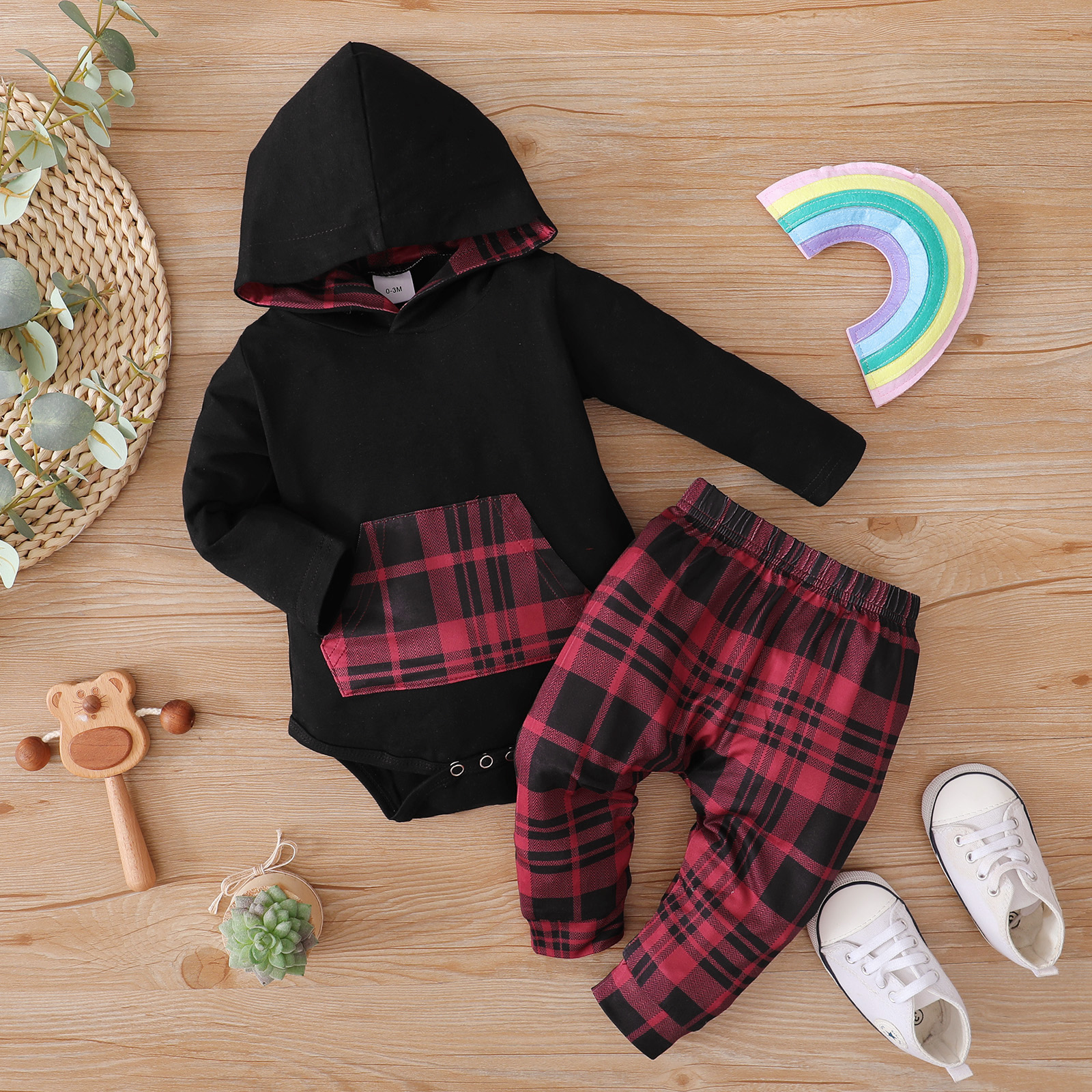 

2pcs Baby Long-sleeve Hooded Romper and Red Plaid Trousers Set