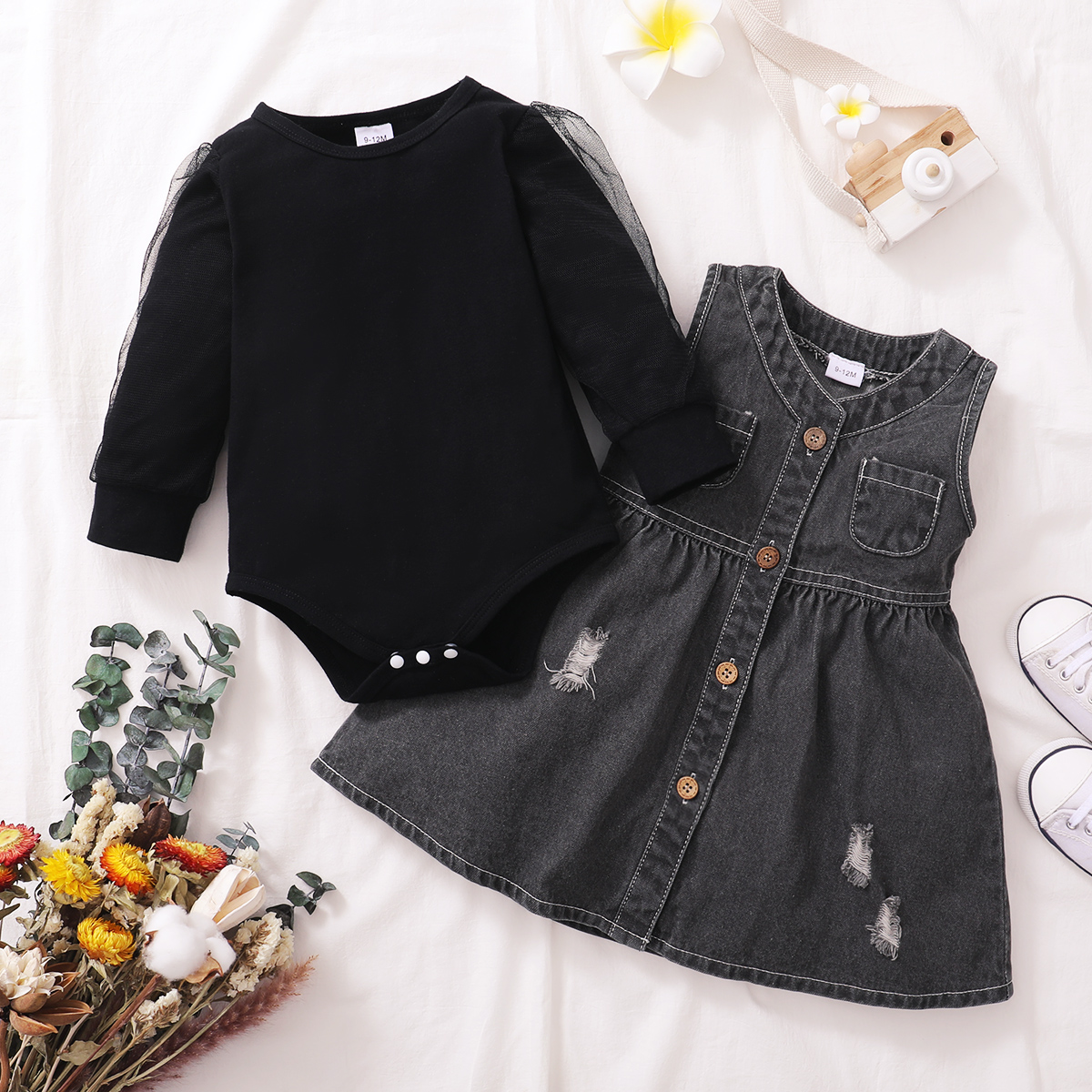 

2pcs Baby Black Mesh Long-sleeve Cotton Romper and Sleeveless Ripped Denim Dress Set