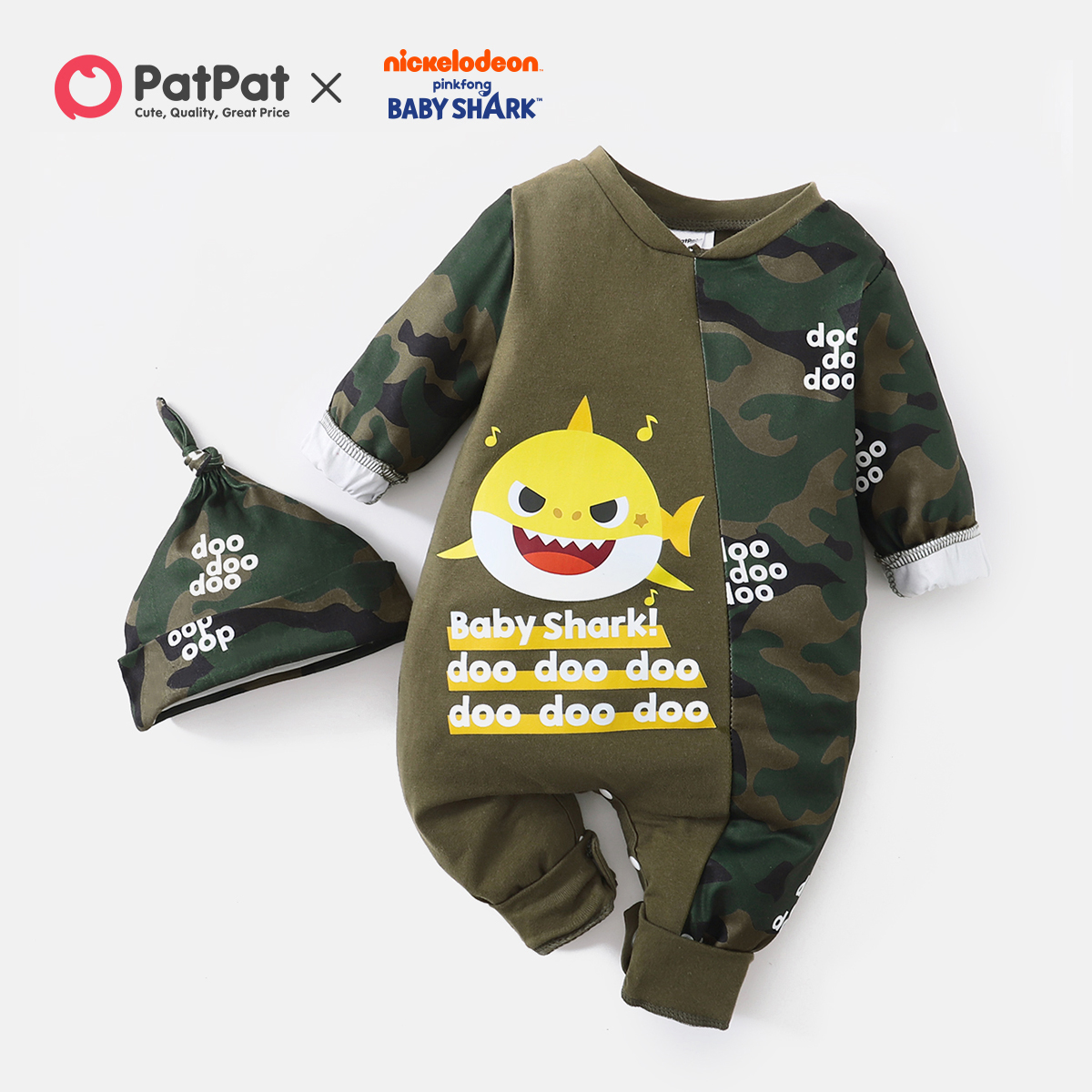 

Baby Shark 2-piece Baby Boy Cotton Camouflage Jumpsuit with Hat