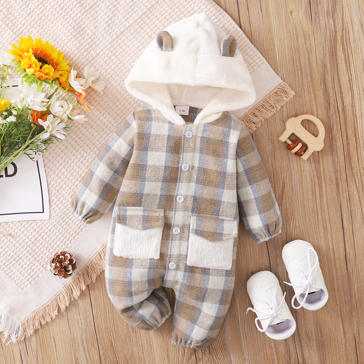 

100% Cotton Baby Boy/Girl Plaid Long-sleeve 3D Ears Hooded Jumpsuit