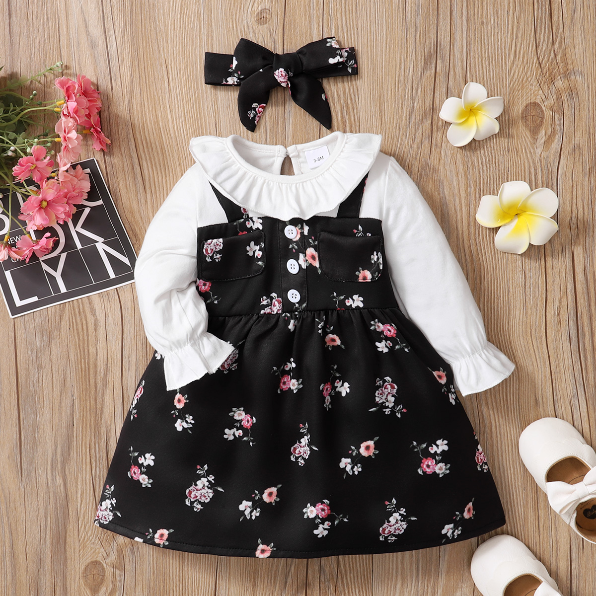 

2pcs Baby Girl Floral Print Black Faux-two Long-sleeve Ruffle Dress Set