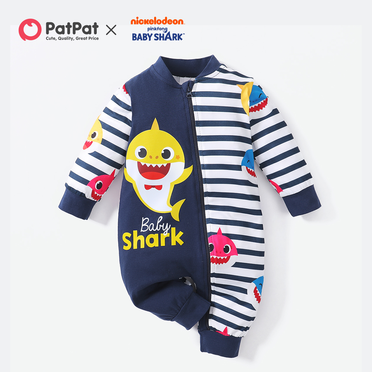 

Baby Shark Baby Boy Colorblock and Striped Long-sleeve Jumpsuit