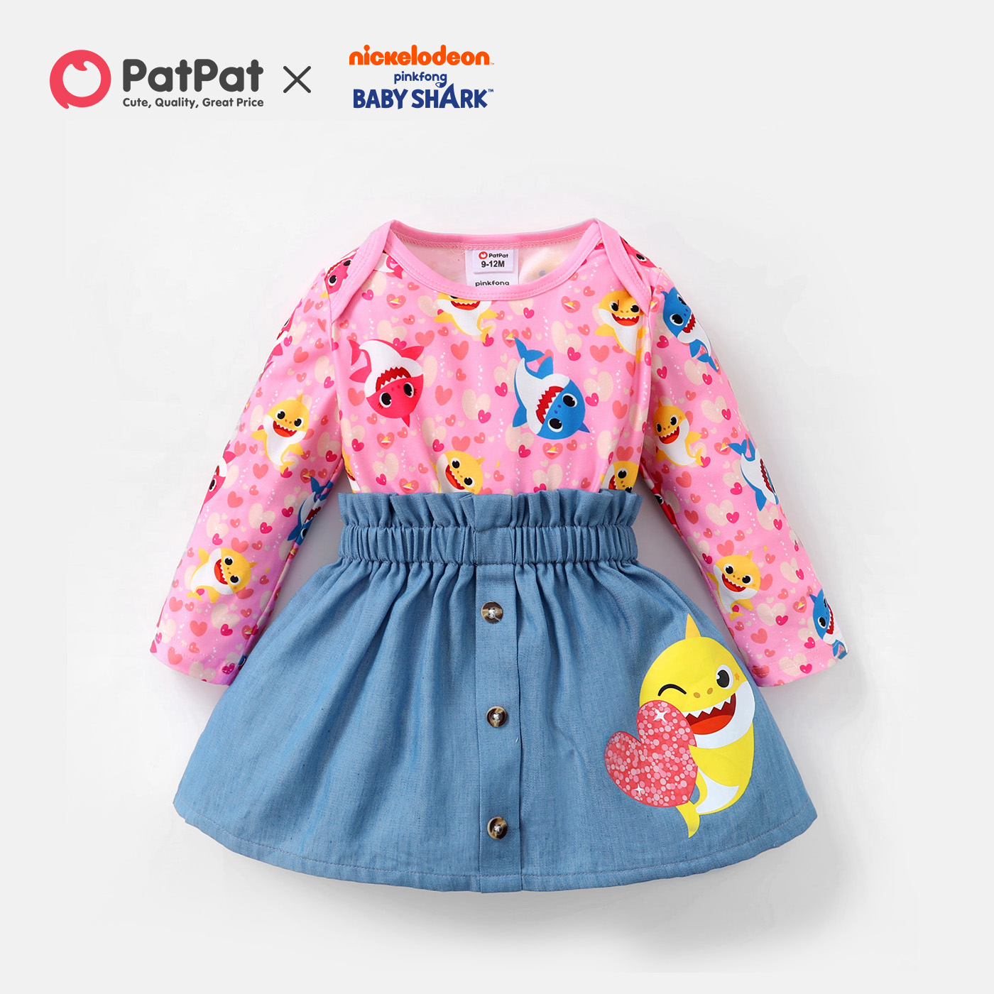 

Baby Shark 2pcs Baby Girl Allover Romper and Denim Skirt Set
