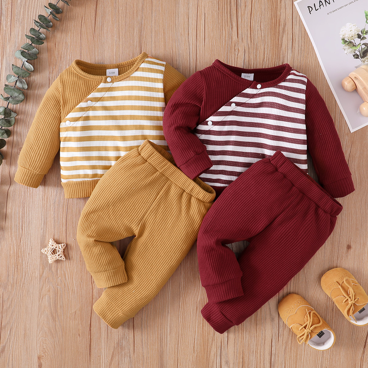 

2pcs Baby Boy/Girl Striped Waffle Long-sleeve Top and Solid Trousers Set