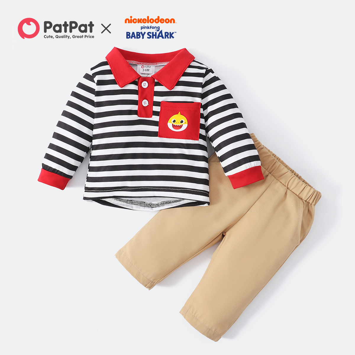 

Baby Shark 2pcs Baby Boy Contrast Collar Striped Long-sleeve Top and 100% Cotton Straight Leg Pants Set