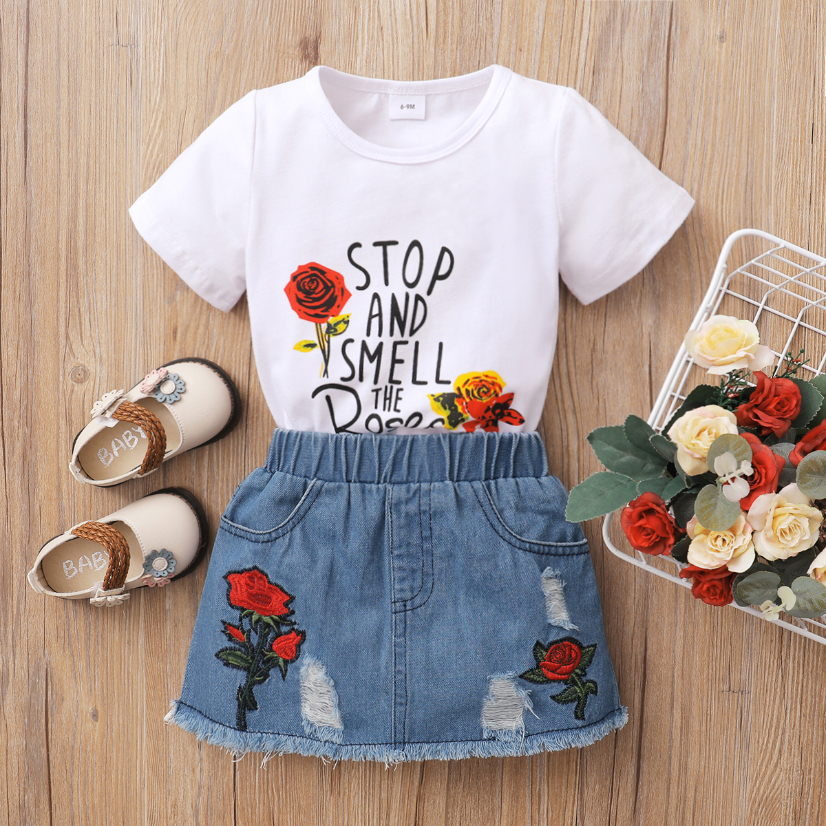 

2pcs Baby Girl 95% Cotton Short-sleeve T-shirt and Rose Embroidered Ripped Denim Skirt Set