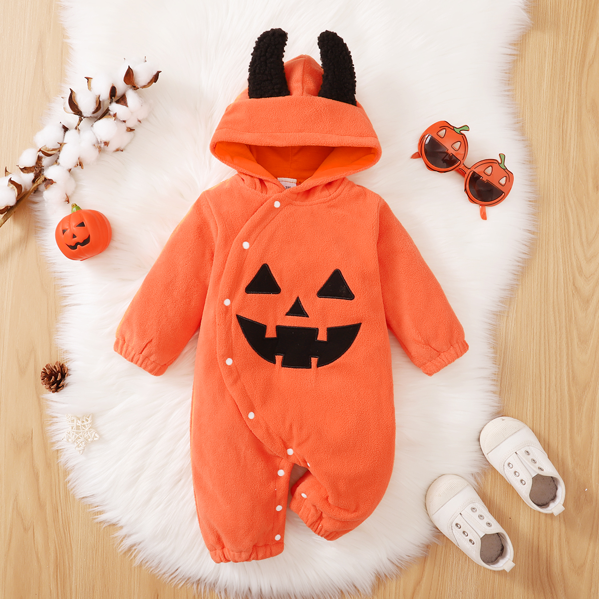 

Halloween Baby Boy/Girl Pumpkin Pattern Hooded Long-sleeve Snap Fleece Jumpsuit
