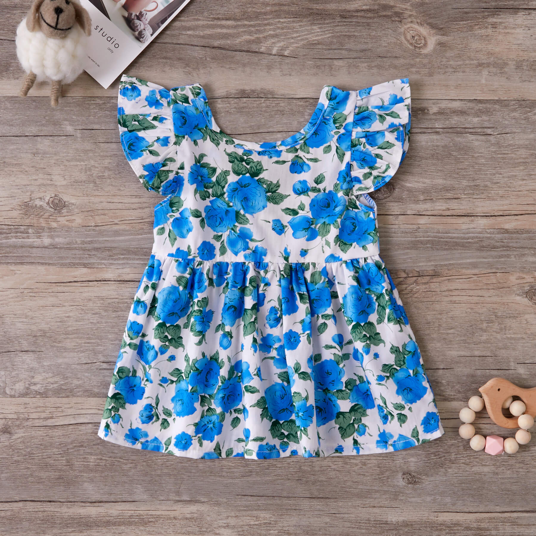 

Baby Girls Flower Print Flutter-sleeve Backless Dresses