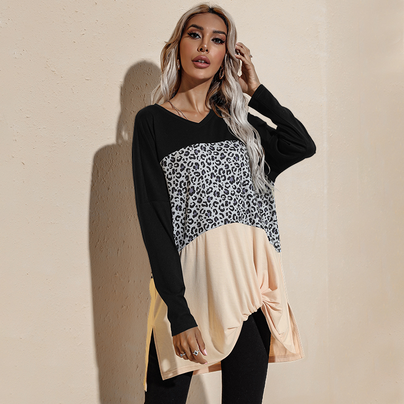 

Leopard Splice Colorblock V Neck Long-sleeve T-shirt
